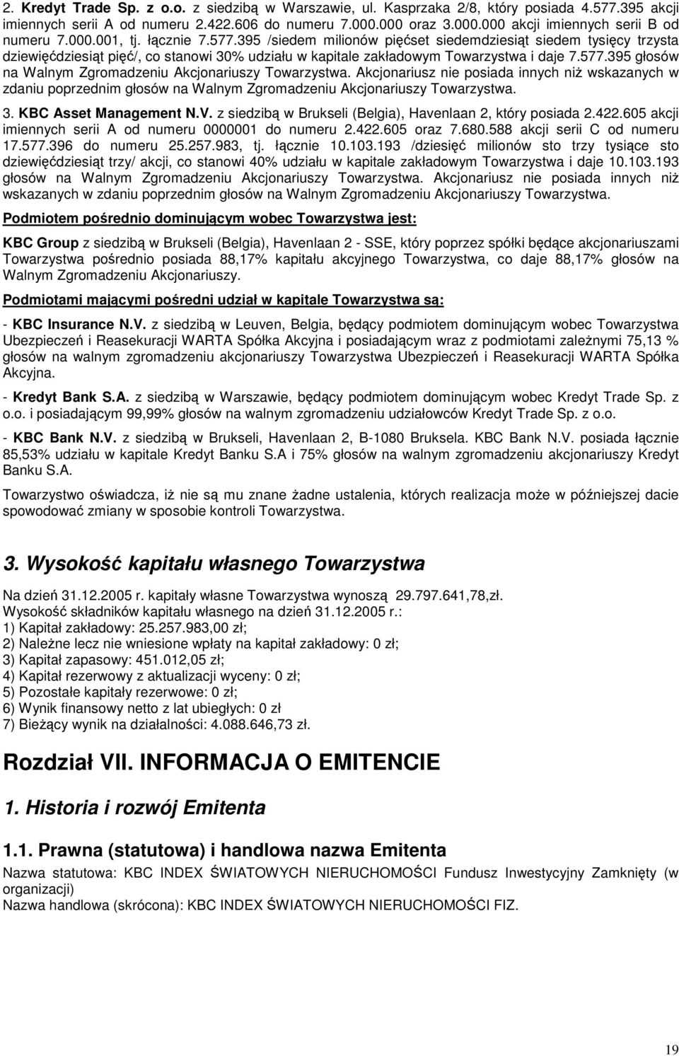 Akcjonariusz nie posiada innych ni wskazanych w zdaniu poprzednim głosów na Walnym Zgromadzeniu Akcjonariuszy Towarzystwa. 3. KBC Asset Management N.V.