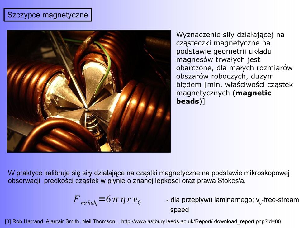 właściwości cząstek magnetycznych (magnetic beads)] W praktyce kalibruje się siły działające na cząstki magnetyczne na podstawie mikroskopowej