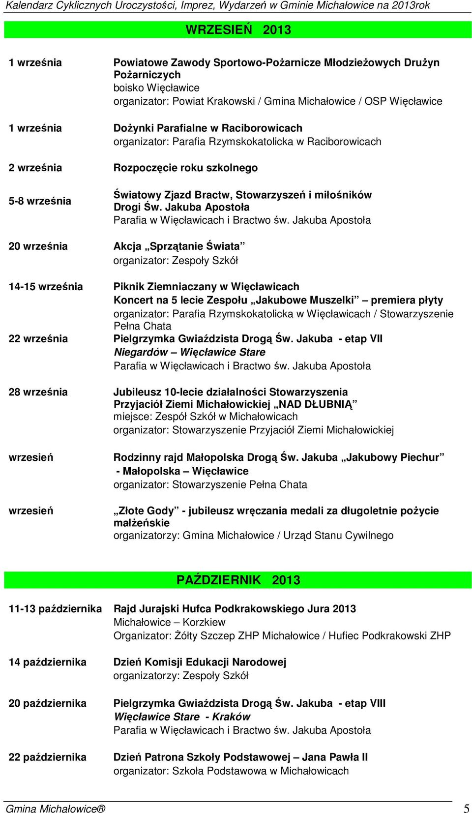 Jakuba Apostoła 20 września Akcja Sprzątanie Świata organizator: Zespoły Szkół 14-15 września Piknik Ziemniaczany w Więcławicach Koncert na 5 lecie Zespołu Jakubowe Muszelki premiera płyty