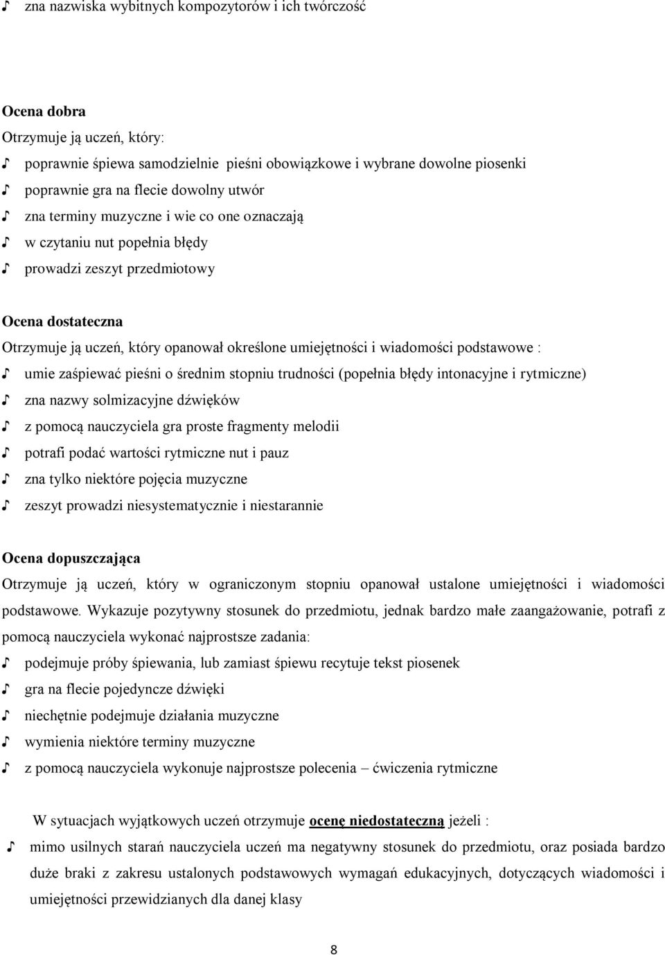 podstawowe : umie zaśpiewać pieśni o średnim stopniu trudności (popełnia błędy intonacyjne i rytmiczne) zna nazwy solmizacyjne dźwięków z pomocą nauczyciela gra proste fragmenty melodii potrafi podać