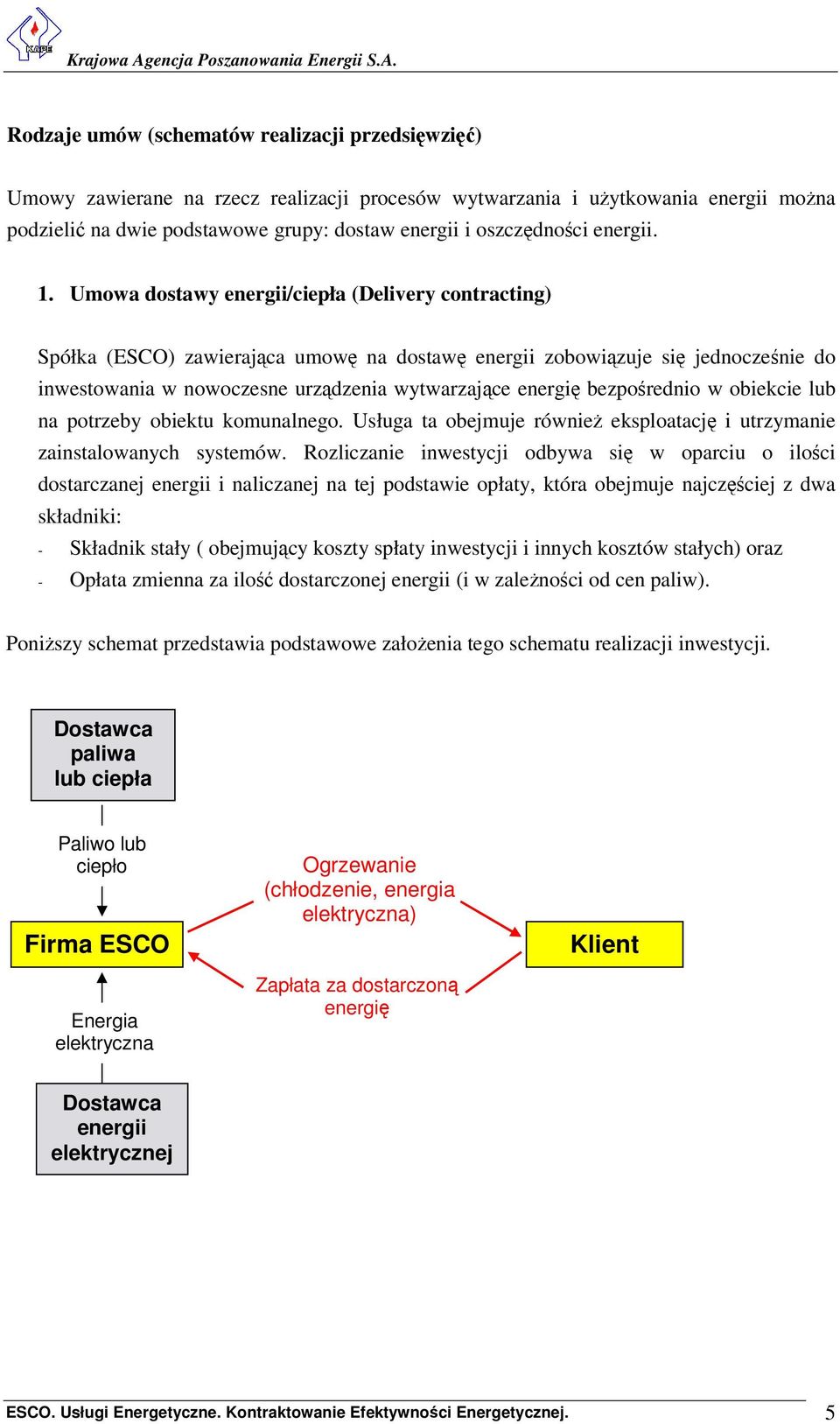 Umowa dostawy energii/ciepła (Delivery contracting) Spółka (ESCO) zawierająca umowę na dostawę energii zobowiązuje się jednocześnie do inwestowania w nowoczesne urządzenia wytwarzające energię