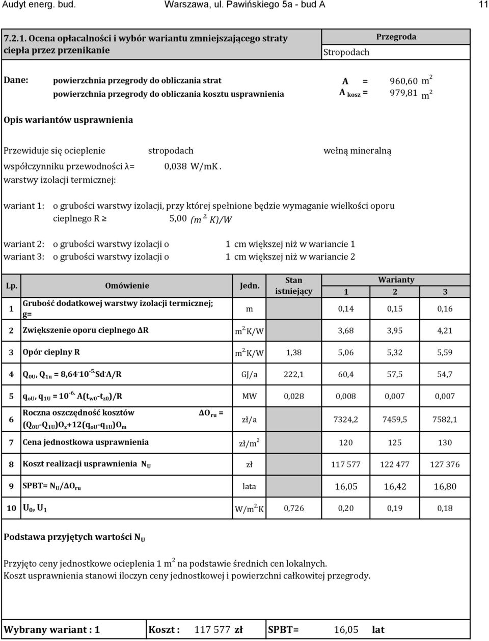 Ocena opłacalności i wybór wariantu zmniejszającego straty ciepła przez przenikanie Stropodach Przegroda Dane: powierzchnia przegrody do obliczania strat A = 960,60 m 2 powierzchnia przegrody do