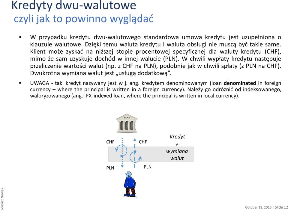 Klient może zyskać na niższej stopie procentowej specyficznej dla waluty kredytu (CHF), mimo że sam uzyskuje dochód w innej walucie (PLN).