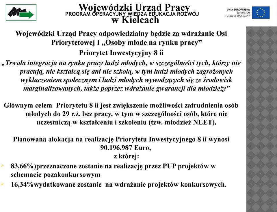 ludzi młodych wywodzących się ze środowisk marginalizowanych, także poprzez wdrażanie gwarancji dla młodzieży Głównym celem Priorytetu 8 ii jest zwiększenie możliwości zatrudnienia osób młodych do 29