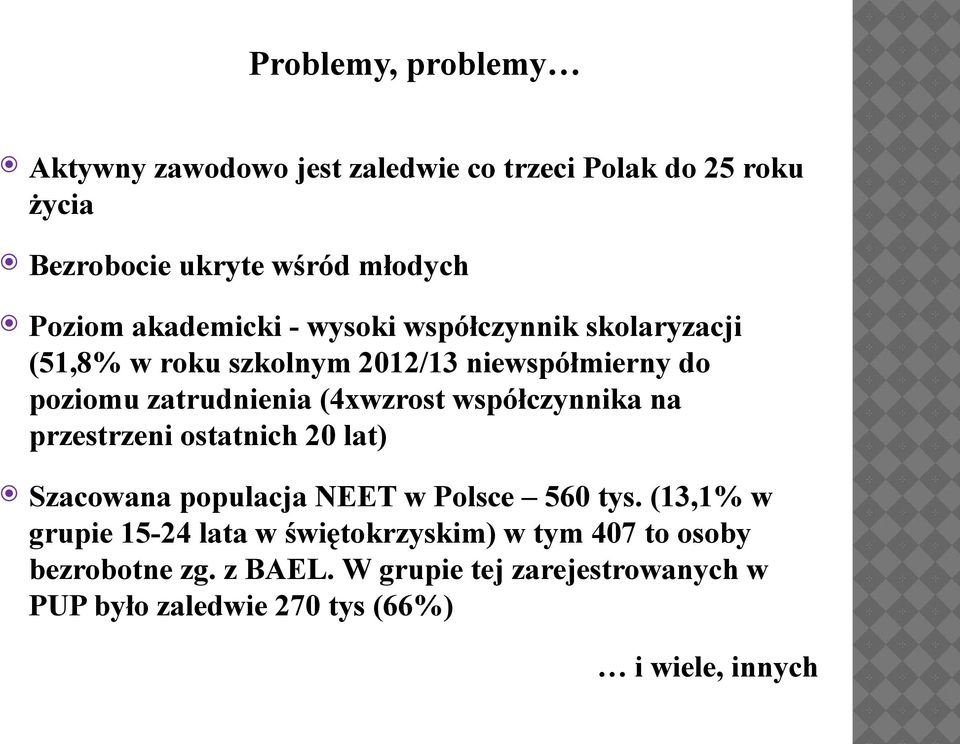 współczynnika na przestrzeni ostatnich 20 lat) Szacowana populacja NEET w Polsce 560 tys.