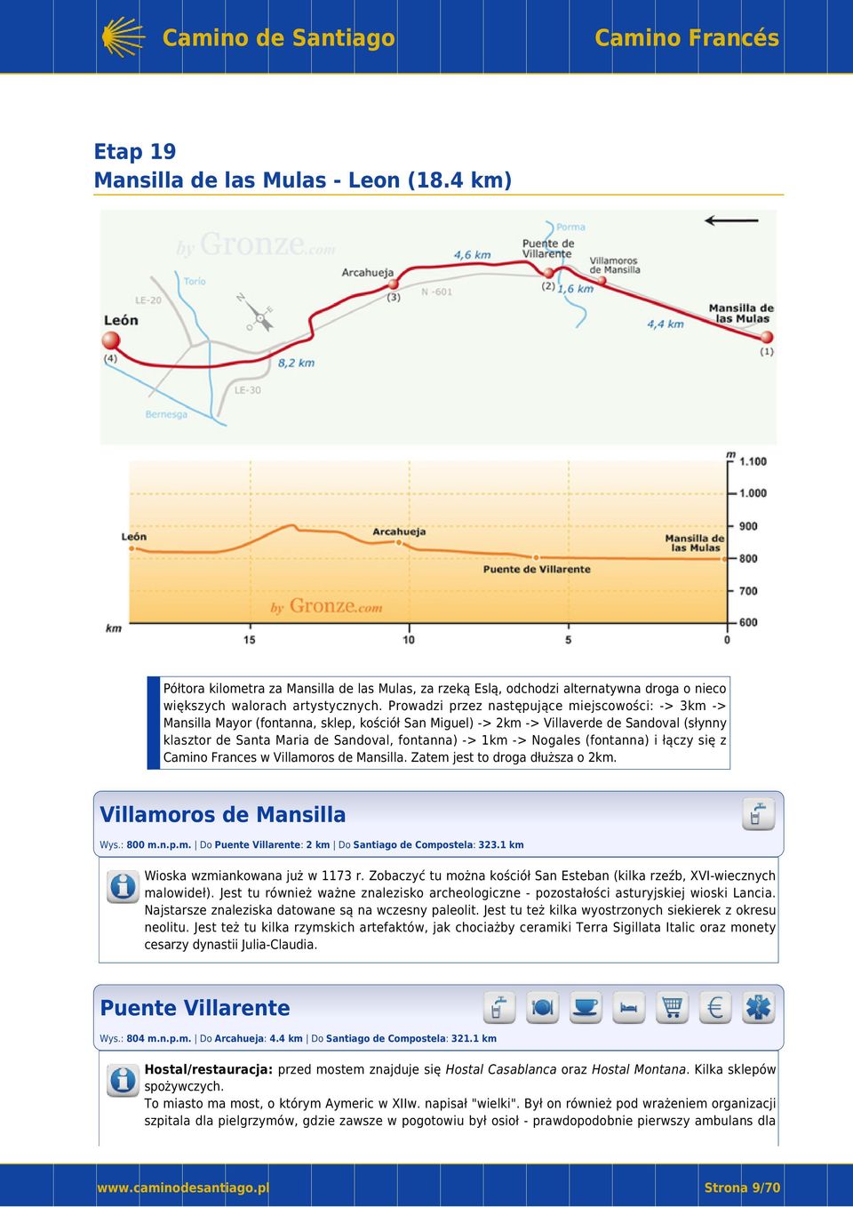 -> Nogales (fontanna) i łączy się z Camino Frances w Villamoros de Mansilla. Zatem jest to droga dłuższa o 2km. Villamoros de Mansilla Wys.: 800 m.n.p.m. Do Puente Villarente: 2 km Do Santiago de Compostela: 323.