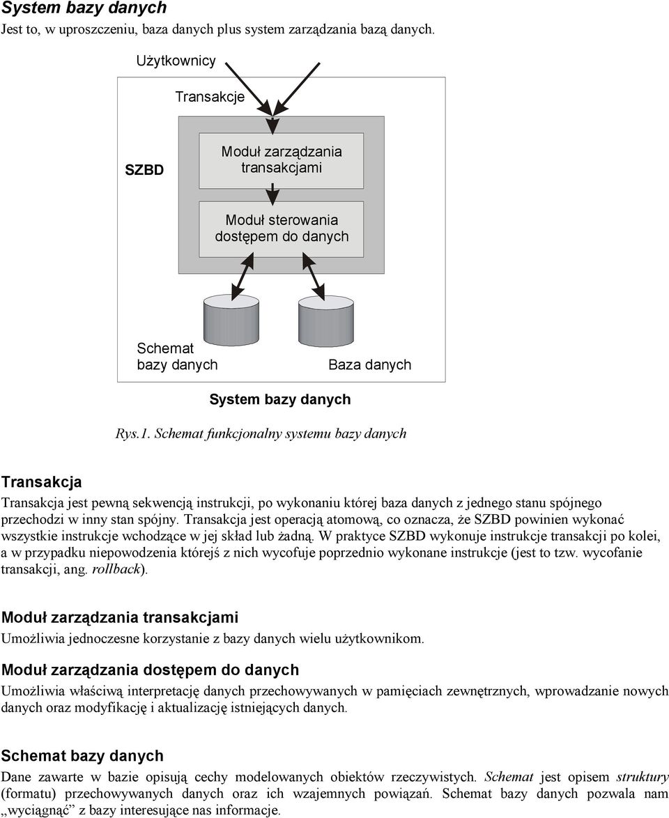 Schemat funkcjonalny systemu bazy danych Transakcja Transakcja jest pewną sekwencją instrukcji, po wykonaniu której baza danych z jednego stanu spójnego przechodzi w inny stan spójny.