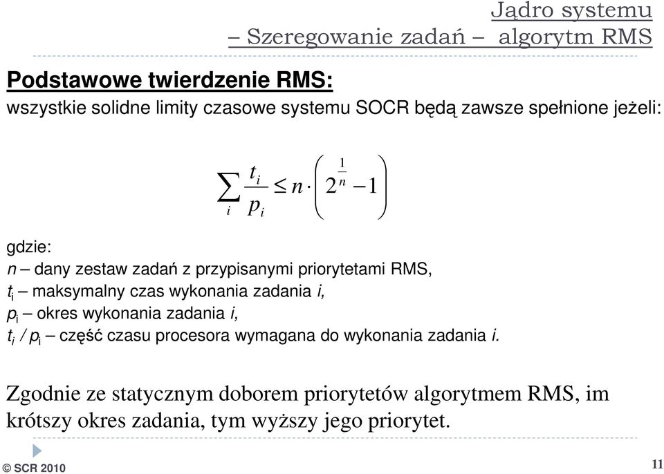 maksymalny czas wykonania zadania i, p i okres wykonania zadania i, t i / p i część czasu procesora wymagana do