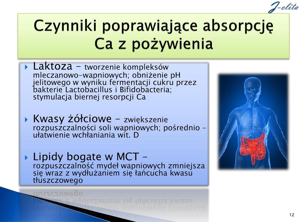 zwiększenie rozpuszczalności soli wapniowych; pośrednio ułatwienie wchłaniania wit.