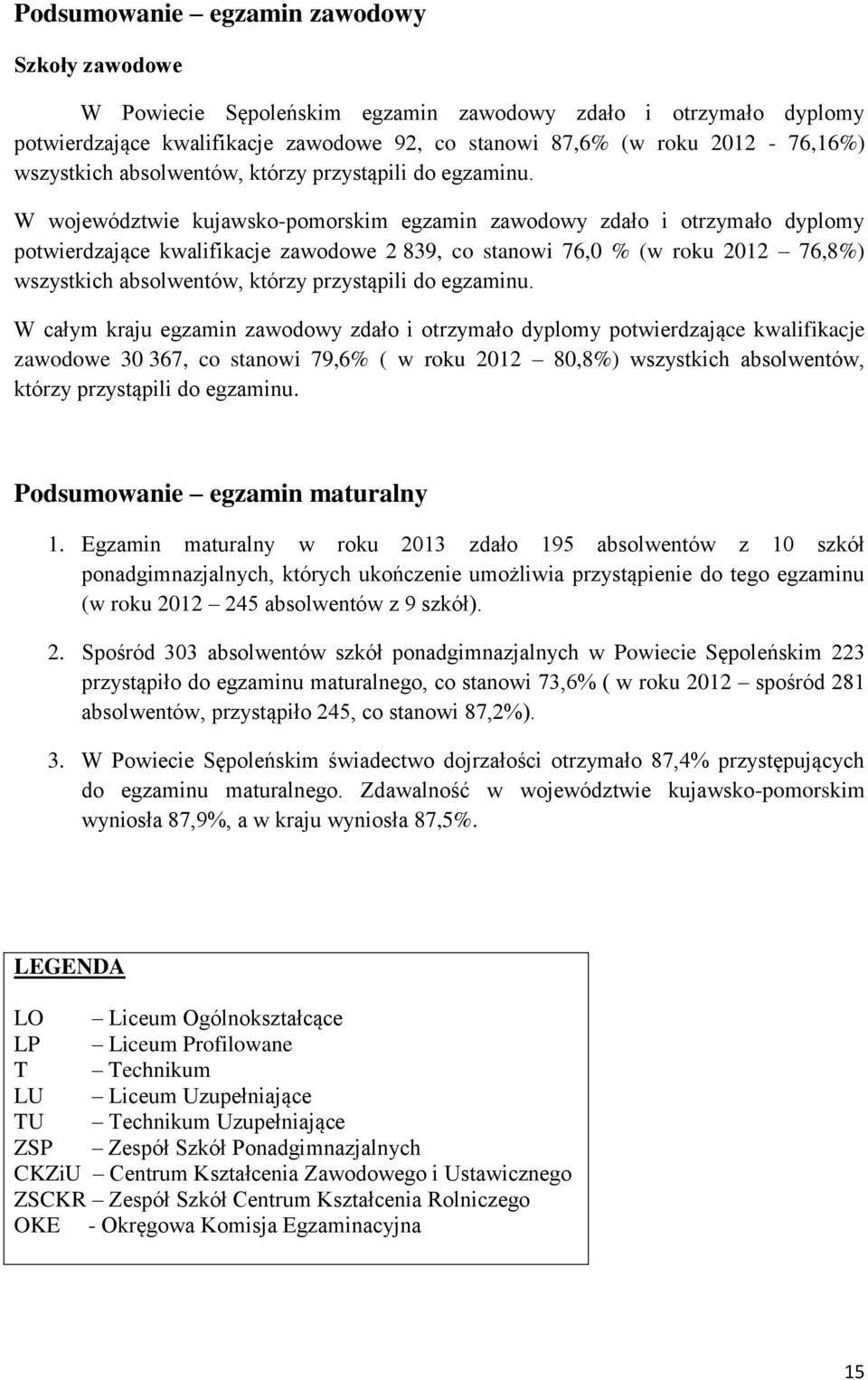 W województwie kujawsko-pomorskim egzamin zawodowy zdało i otrzymało dyplomy potwierdzające kwalifikacje zawodowe 2 839, co stanowi 76,0 % (w roku 2012 76,8%)  W całym kraju egzamin zawodowy zdało i