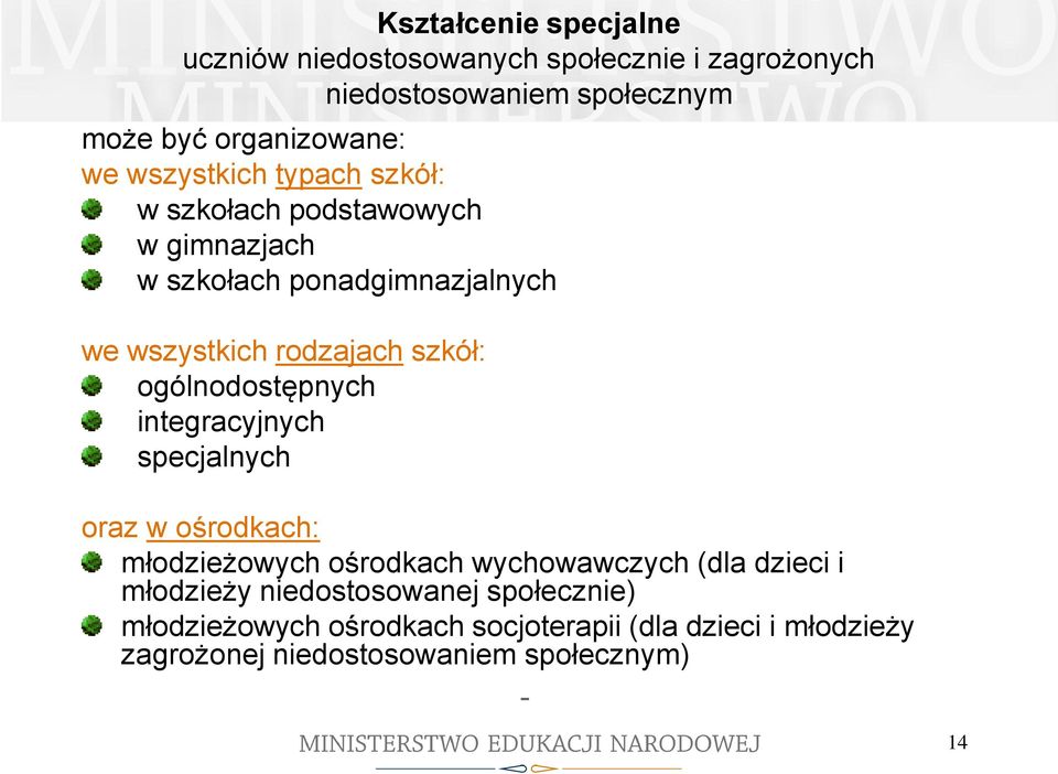 ogólnodostępnych integracyjnych specjalnych oraz w ośrodkach: młodzieżowych ośrodkach wychowawczych (dla dzieci i młodzieży