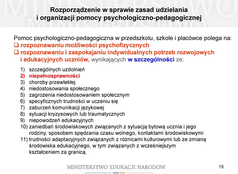 przewlekłej 4) niedostosowania społecznego 5) zagrożenia niedostosowaniem społecznym 6) specyficznych trudności w uczeniu się 7) zaburzeń komunikacji językowej 8) sytuacji kryzysowych lub