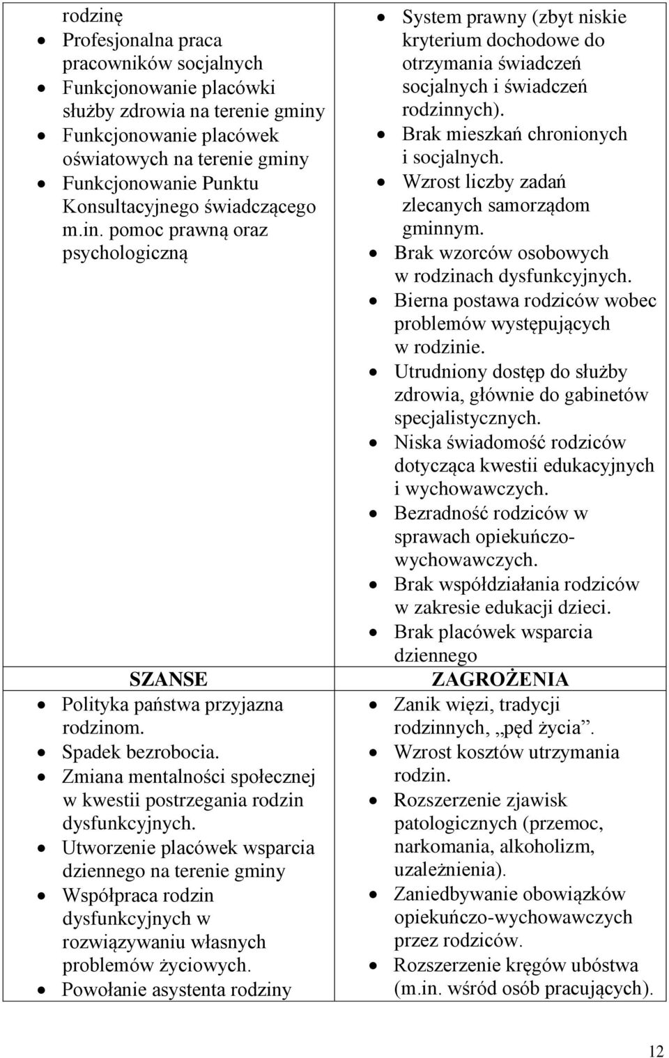 Utworzenie placówek wsparcia dziennego na terenie gminy Współpraca rodzin dysfunkcyjnych w rozwiązywaniu własnych problemów życiowych.