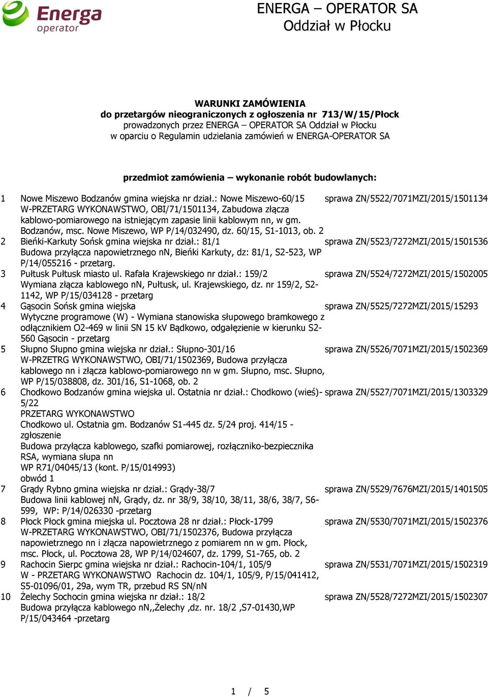 : Nowe Miszewo-60/15 sprawa ZN/5522/7071MZI/2015/1501134 W-PRZETARG WYKONAWSTWO, OBI/71/1501134, Zabudowa złącza kablowo-pomiarowego na istniejącym zapasie linii kablowym nn, w gm. Bodzanów, msc.