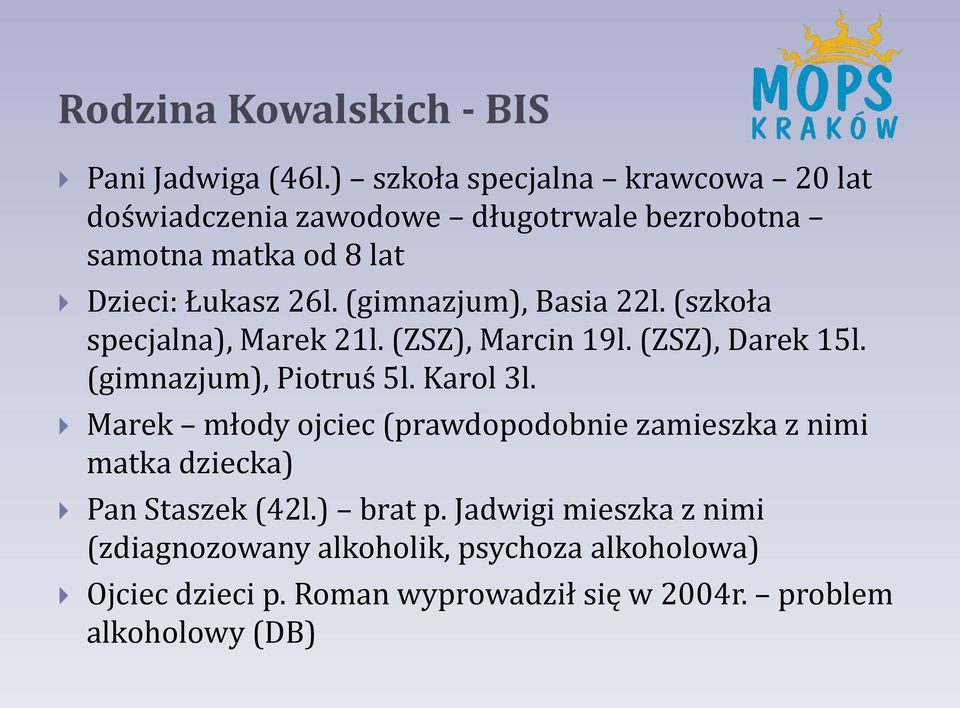 (gimnazjum), Basia 22l. (szkoła specjalna), Marek 21l. (ZSZ), Marcin 19l. (ZSZ), Darek 15l. (gimnazjum), Piotruś 5l. Karol 3l.