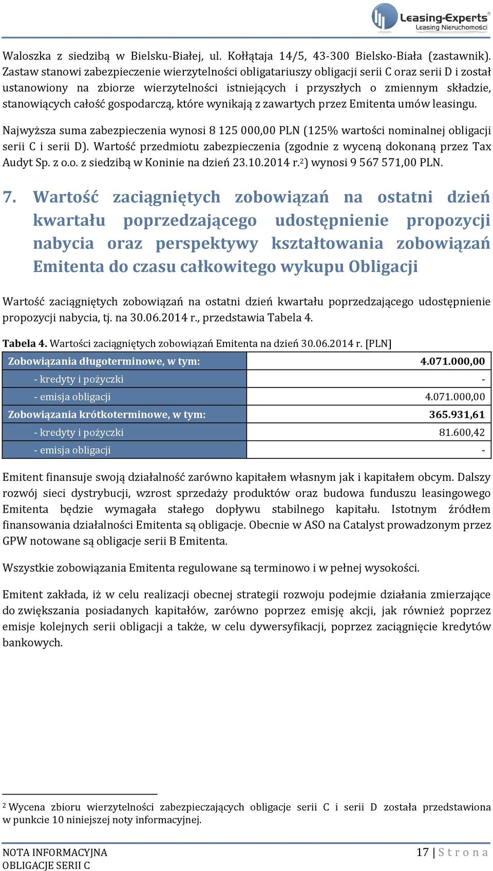 całość gospodarczą, które wynikają z zawartych przez Emitenta umów leasingu. Najwyższa suma zabezpieczenia wynosi 8 125 000,00 PLN (125% wartości nominalnej obligacji serii C i serii D).