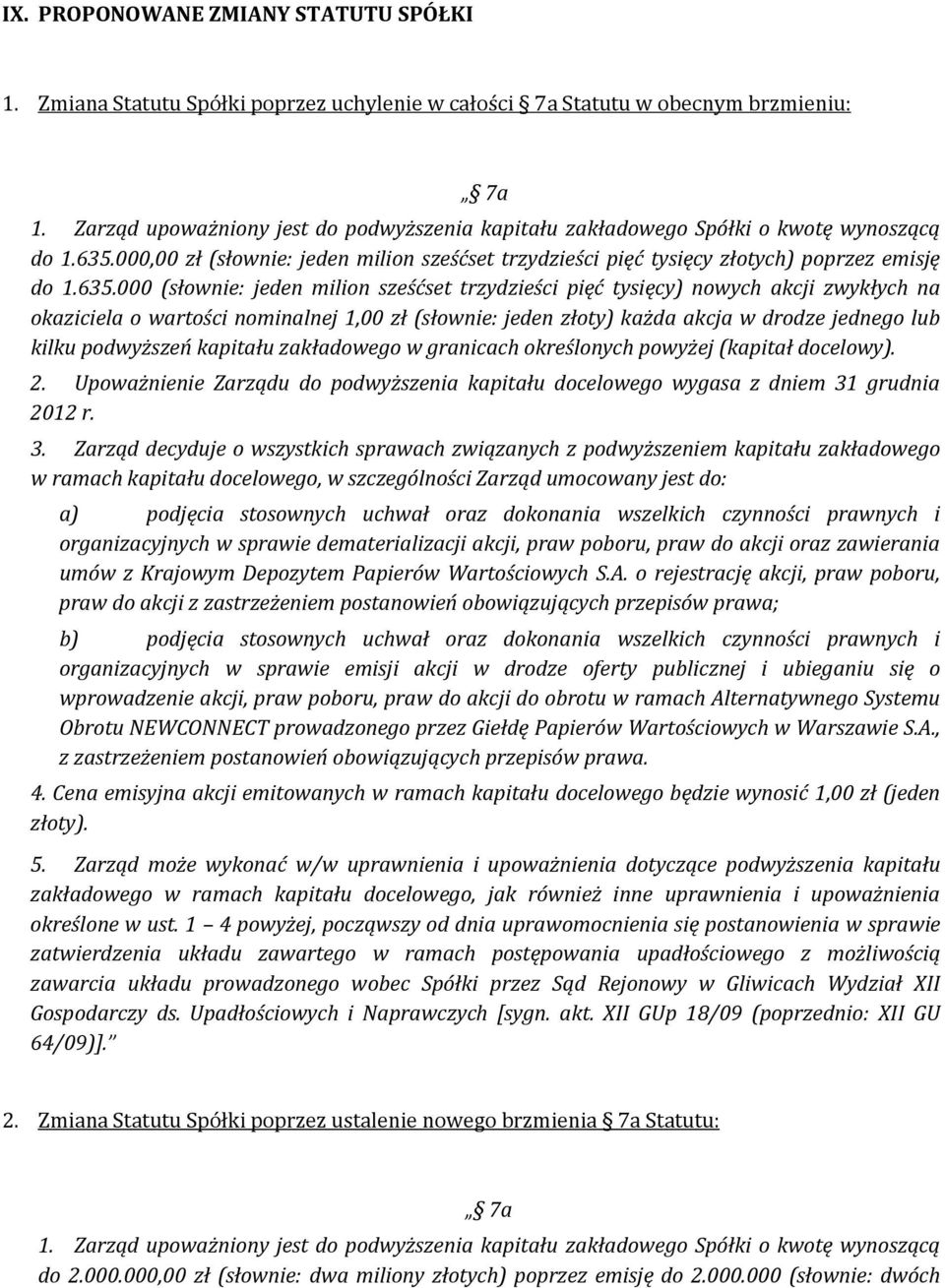 000,00 zł (słownie: jeden milion sześćset trzydzieści pięć tysięcy złotych) poprzez emisję do 1.635.