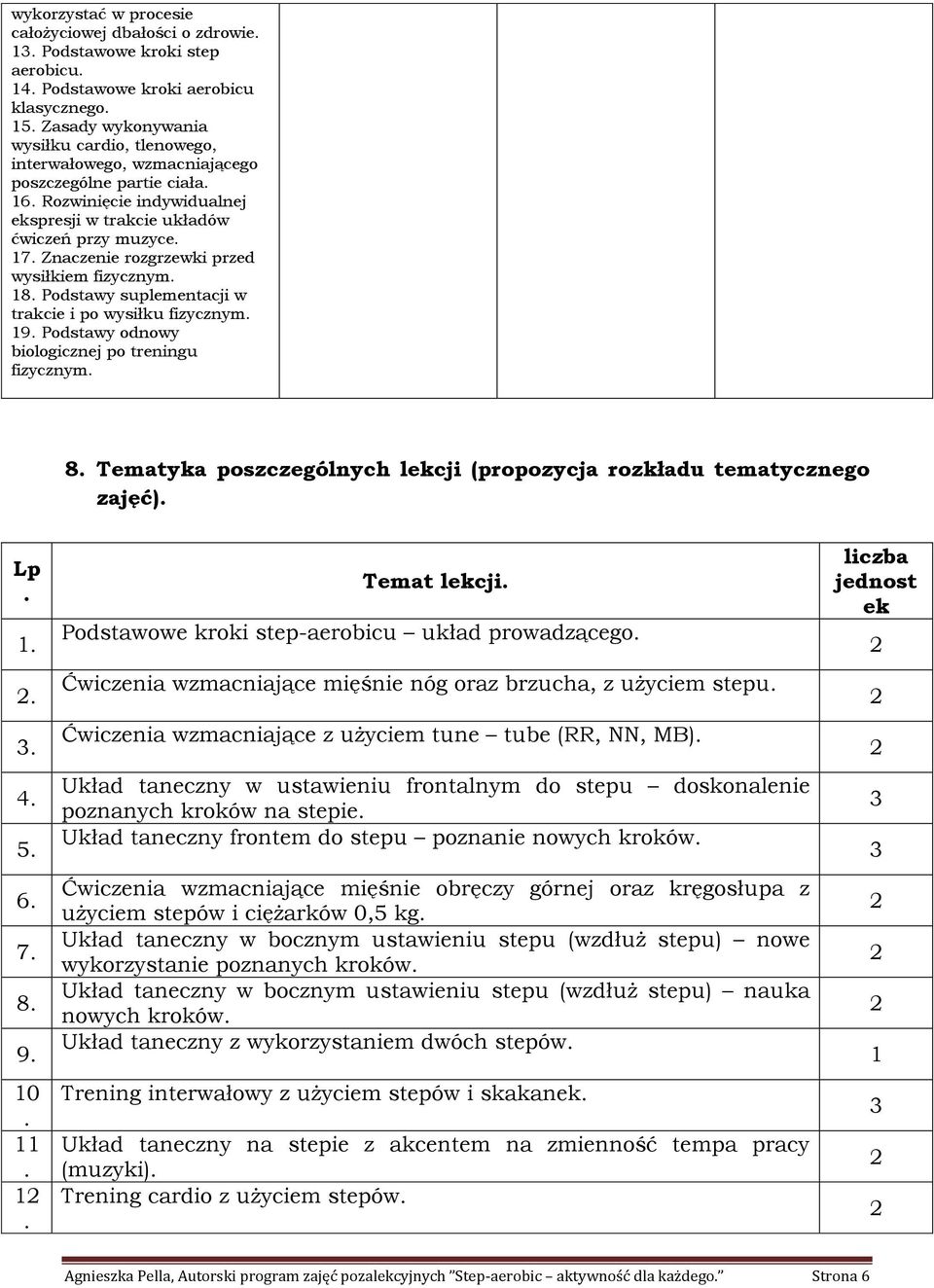 trakcie i po wysiłku fizycznym 19 Podstawy odnowy biologicznej po treningu fizycznym 8 Tematyka poszczególnych lekcji (propozycja rozkładu tematycznego zajęć) Lp 1 3 4 5 6 7 8 9 10 11 1 Temat lekcji