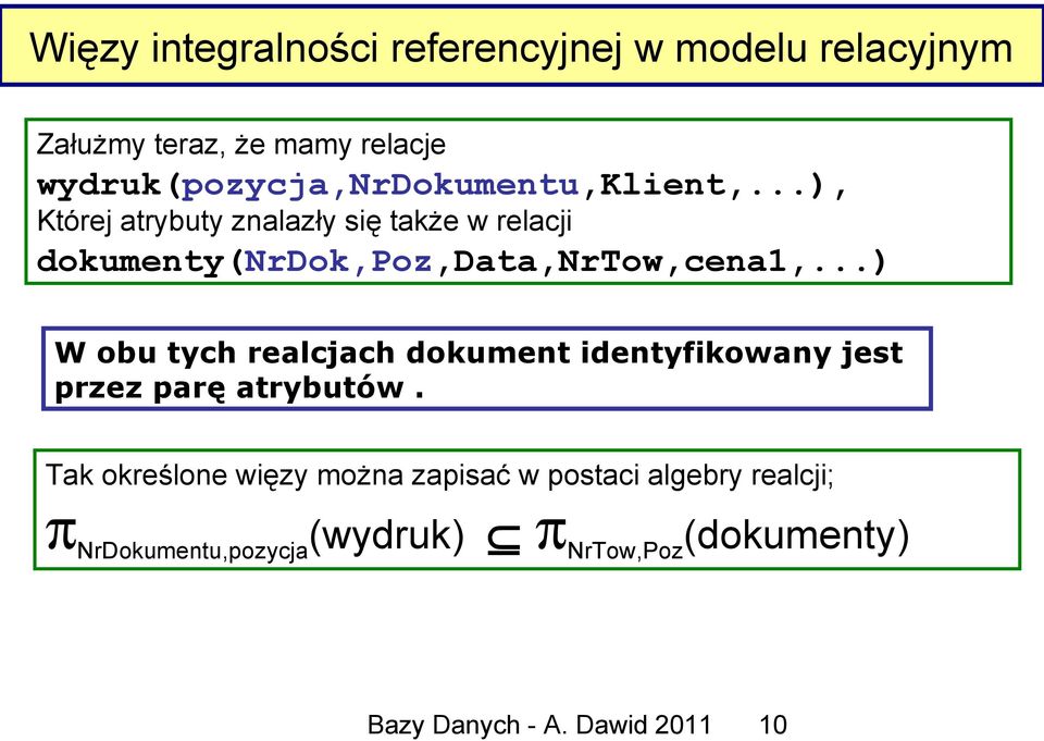 ..), Której atrybuty znalazły się także w relacji dokumenty(nrdok,poz,data,nrtow,cena1,.