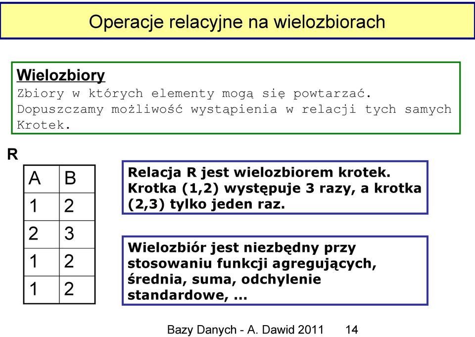 R 2 3 Relacja R jest wielozbiorem krotek.