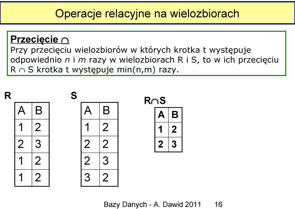 wielozbiorach R i S, to w ich przecięciu R S krotka t występuje