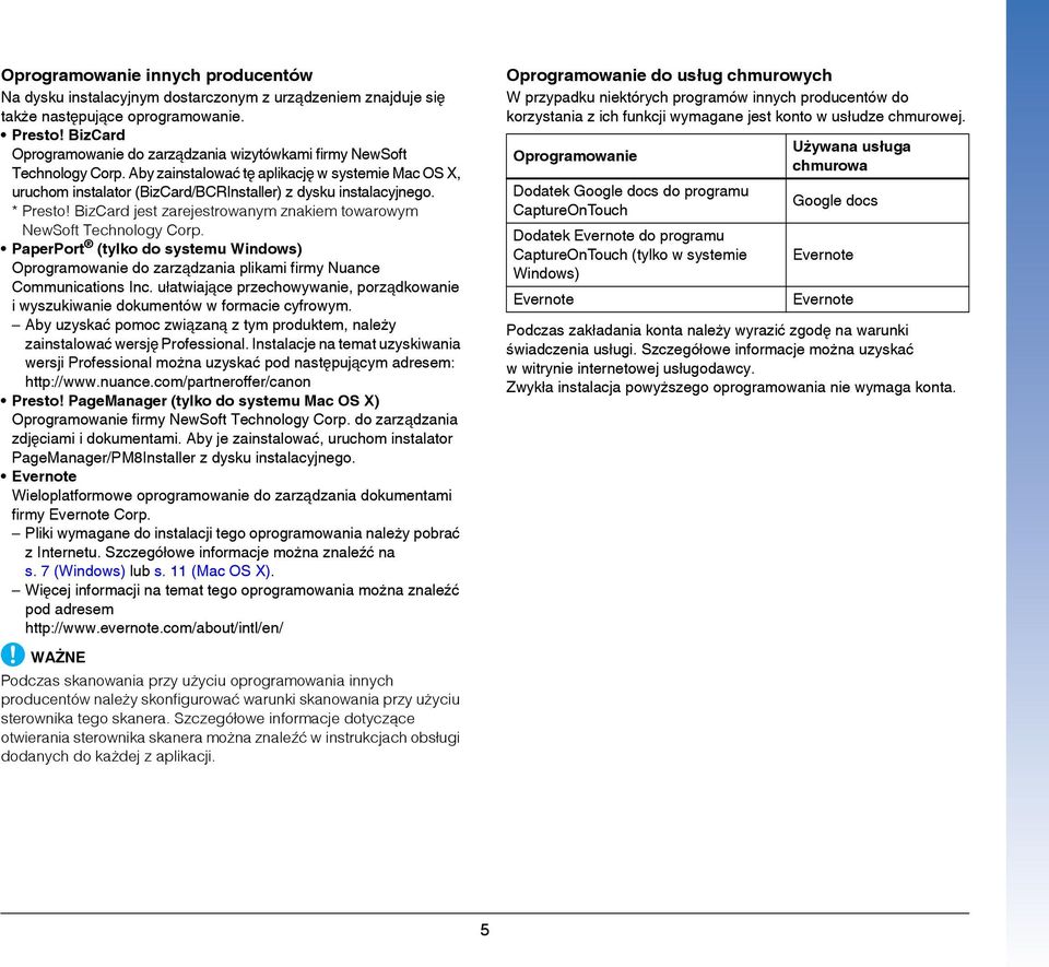 * Presto! BizCard jest zarejestrowanym znakiem towarowym NewSoft Technology Corp. PaperPort (tylko do systemu Windows) Oprogramowanie do zarządzania plikami firmy Nuance Communications Inc.