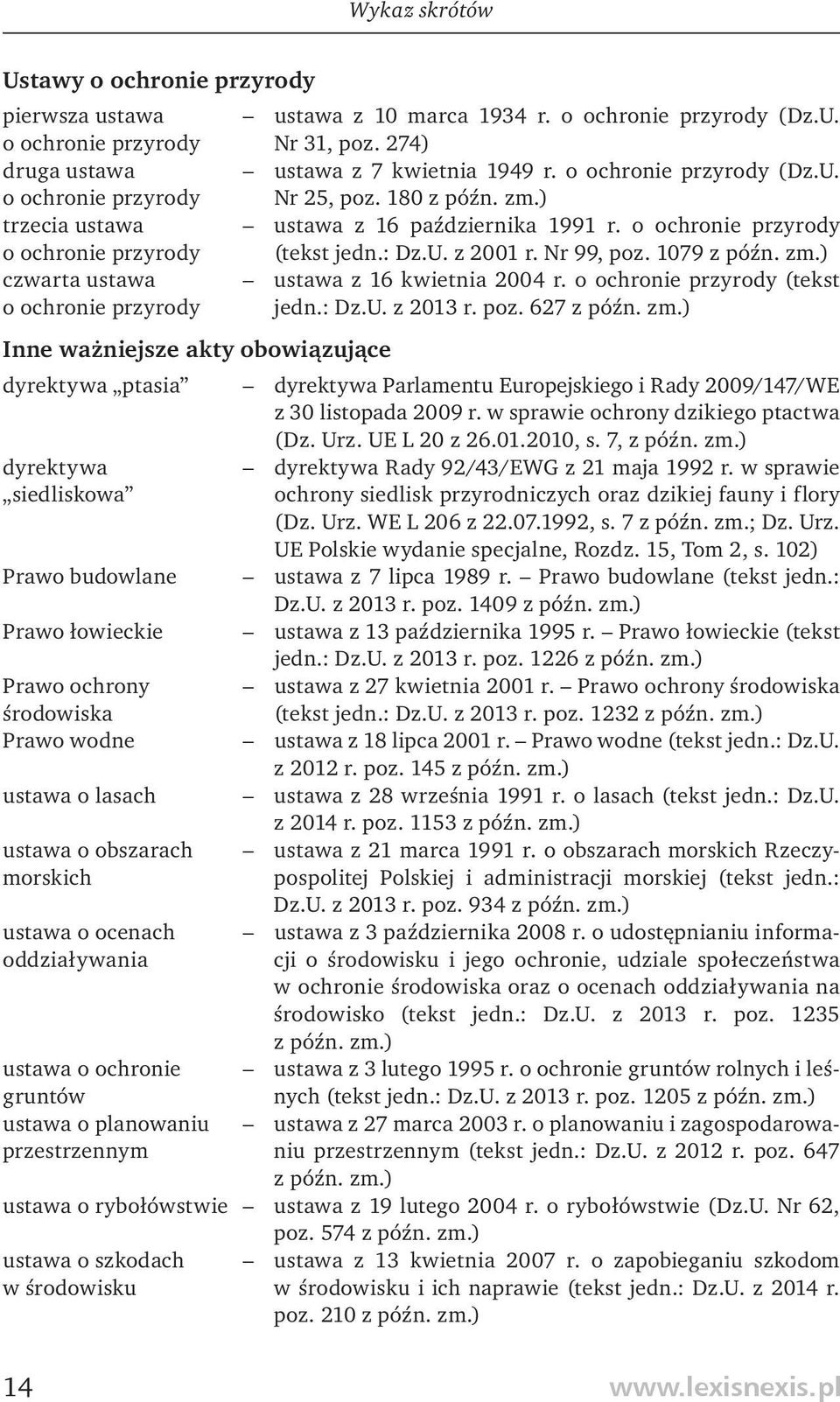 Nr 99, poz. 1079 z późn. zm.) czwarta ustawa ustawa z 16 kwiet nia 2004 r. o ochronie przyrody (tekst o ochronie przyrody jedn.: Dz.U. z 2013 r. poz. 627 z późn. zm.) Inne ważniejsze akty obowiązujące dyrektywa ptasia dyrektywa Parlamentu Europejskiego i Rady 2009/147/WE z 30 lis topada 2009 r.