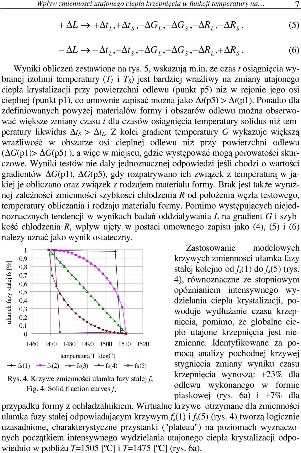 że czas t osiągnięcia wybranej izolinii temperatury (T L i T S ) jest bardziej wrażliwy na zmiany utajonego ciepła krystalizacji przy powierzchni odlewu (punkt p5) niż w rejonie jego osi cieplnej