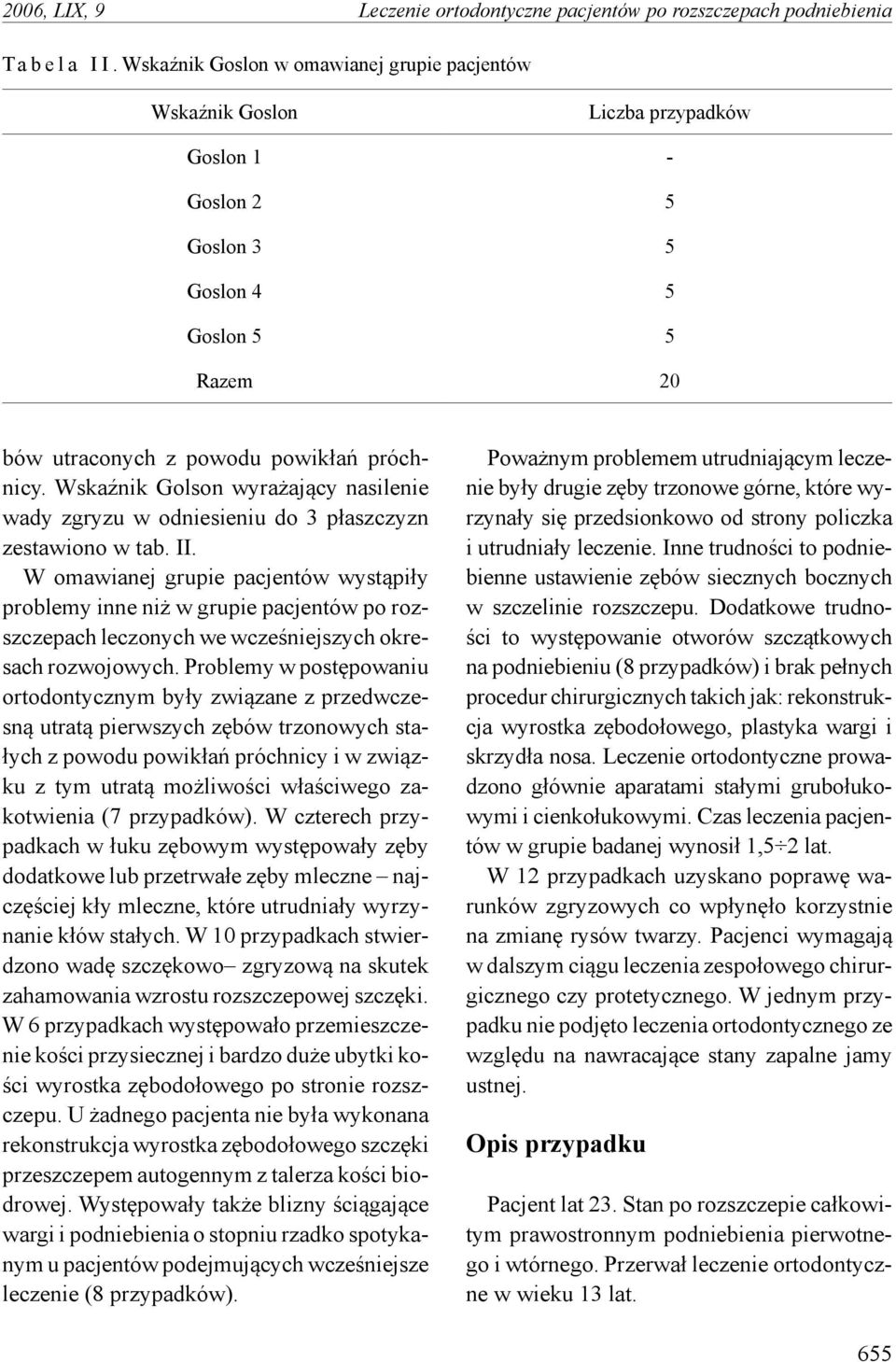 Wskaźnik Golson wyrażający nasilenie wady zgryzu w odniesieniu do 3 płaszczyzn zestawiono w tab. II.