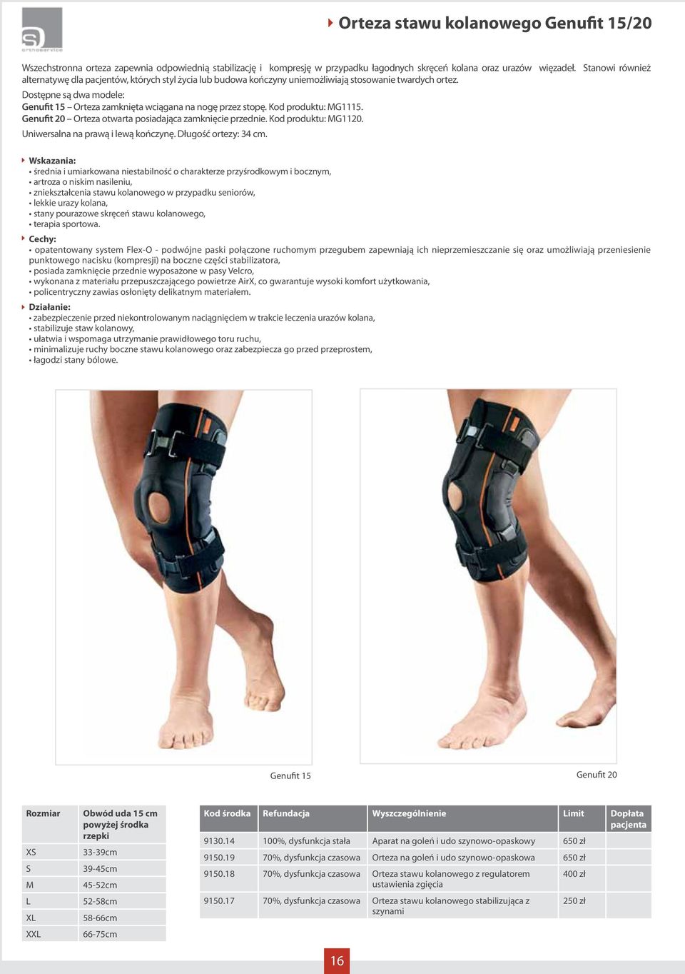 Dostępne są dwa modele: Genufit 15 Orteza zamknięta wciągana na nogę przez stopę. Kod produktu: MG1115. Genufit 20 Orteza otwarta posiadająca zamknięcie przednie. Kod produktu: MG1120.