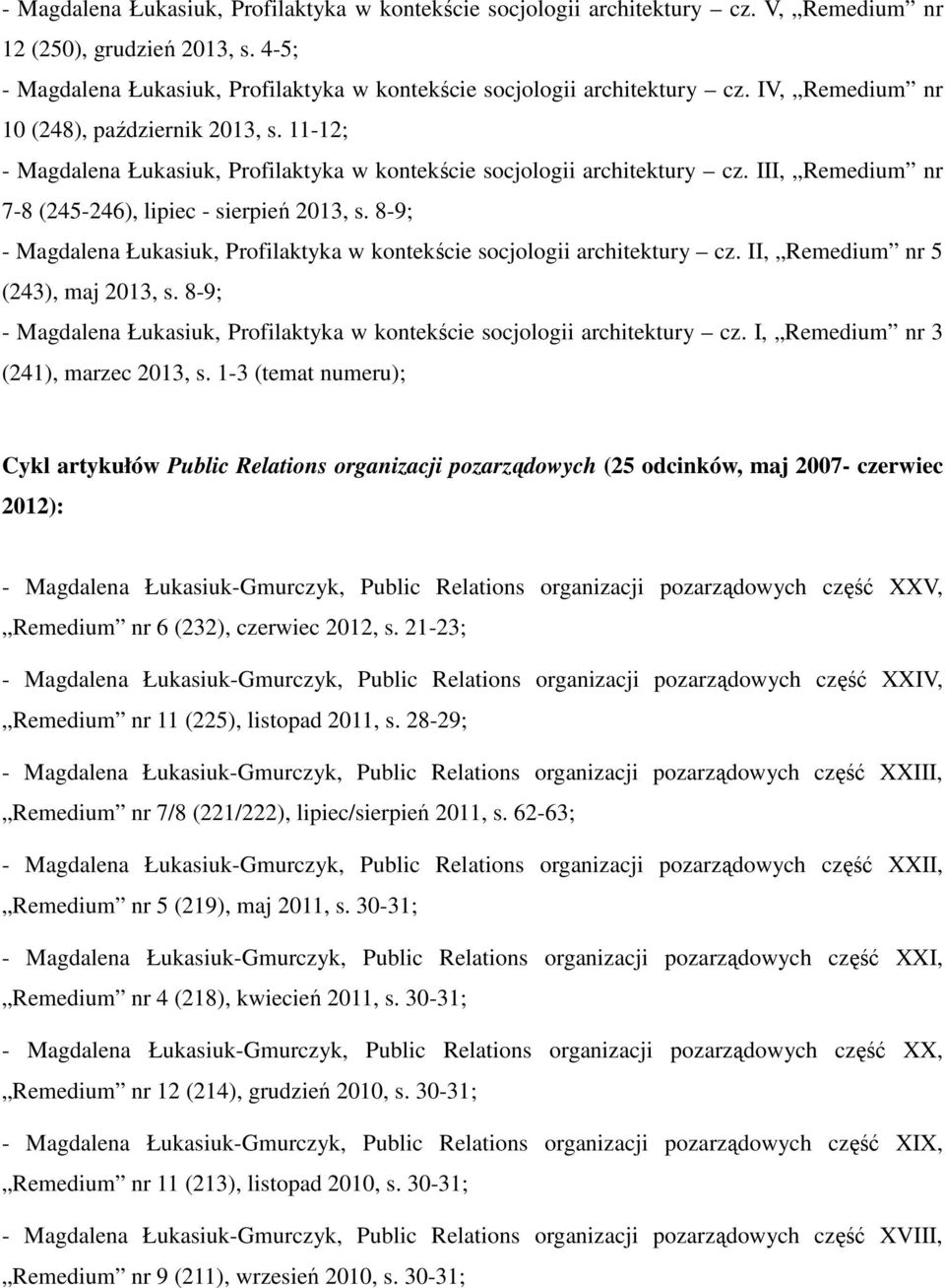 8-9; - Magdalena Łukasiuk, Profilaktyka w kontekście socjologii architektury cz. II, Remedium nr 5 (243), maj 2013, s. 8-9; - Magdalena Łukasiuk, Profilaktyka w kontekście socjologii architektury cz.