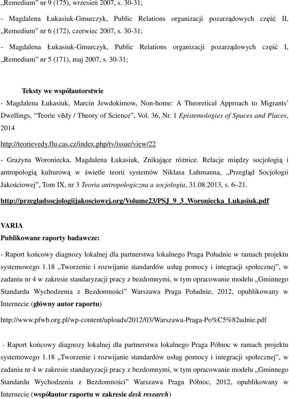 30-31; Teksty we współautorstwie - Magdalena Łukasiuk, Marcin Jewdokimow, Non-home: A Theoretical Approach to Migrants Dwellings, Teorie vĕdy / Theory of Science, Vol. 36, Nr.