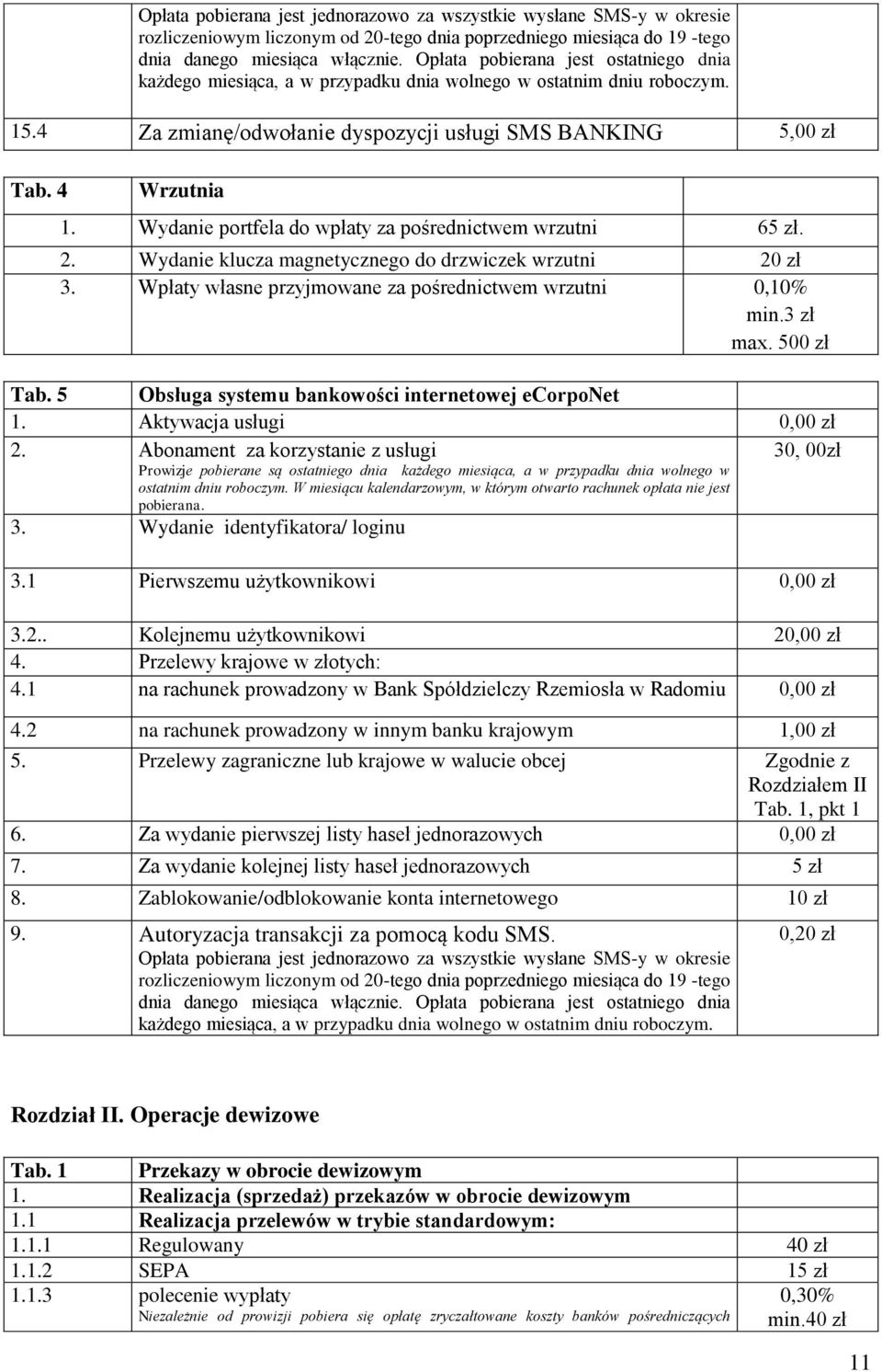 Wydanie portfela do wpłaty za pośrednictwem wrzutni 65 zł. 2. Wydanie klucza magnetycznego do drzwiczek wrzutni 20 zł 3. Wpłaty własne przyjmowane za pośrednictwem wrzutni 0,10% min.3 zł max.