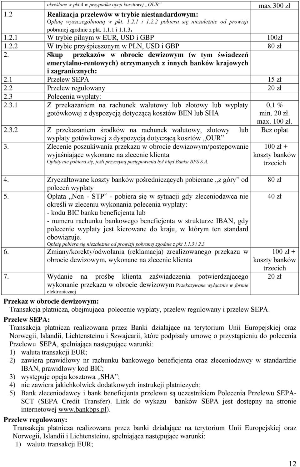 Skup przekazów w obrocie dewizowym (w tym świadczeń emerytalno-rentowych) otrzymanych z innych banków krajowych i zagranicznych: 2.1 Przelew SEPA 15 zł 2.2 Przelew regulowany 20 zł 2.