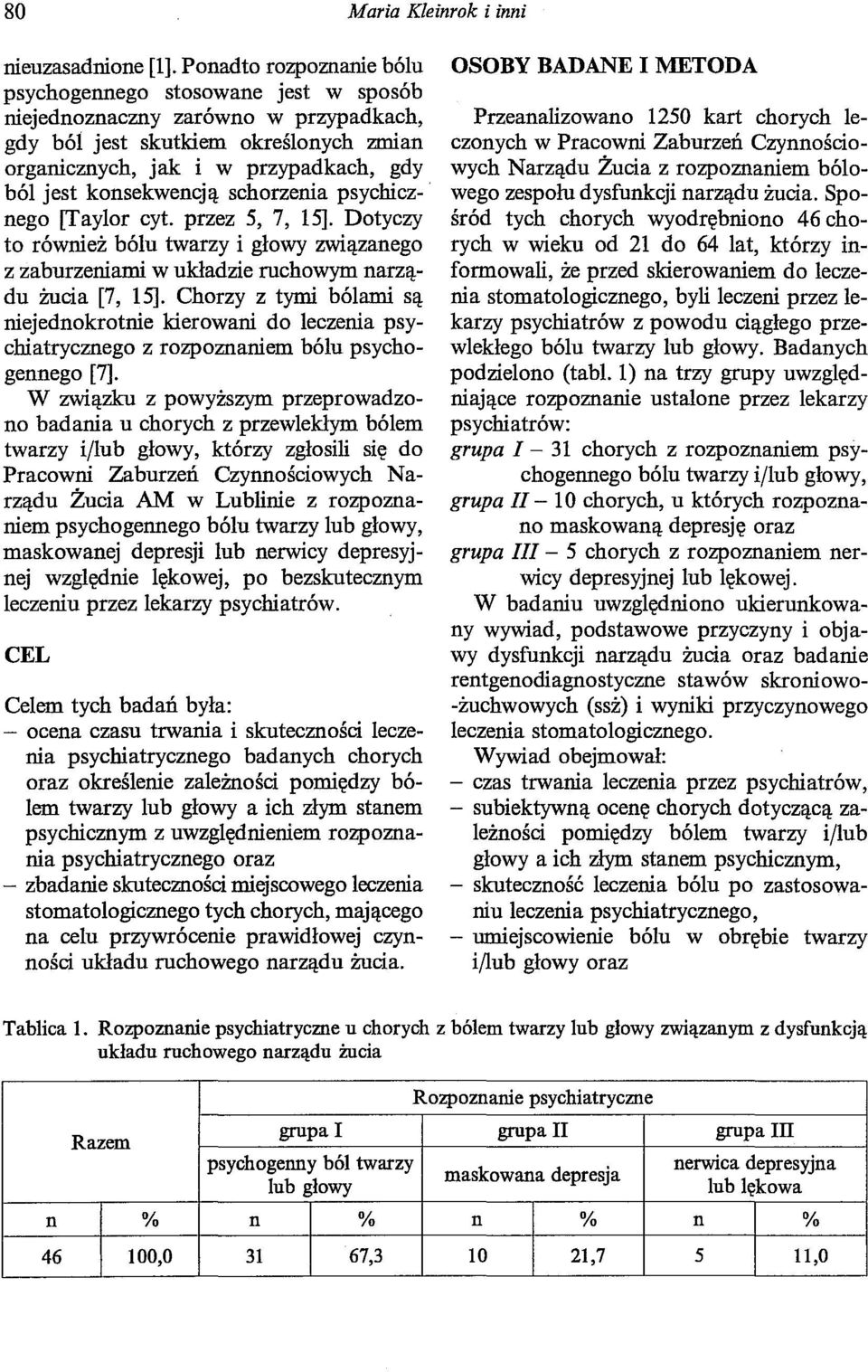 konsekwencją schorzenia psychicz- nego [Taylor cyt. przez 5, 7, 15]. Dotyczy to również bólu twarzy i głowy związanego z zaburzeniami w układzie ruchowym narządu żucia [7, 15].