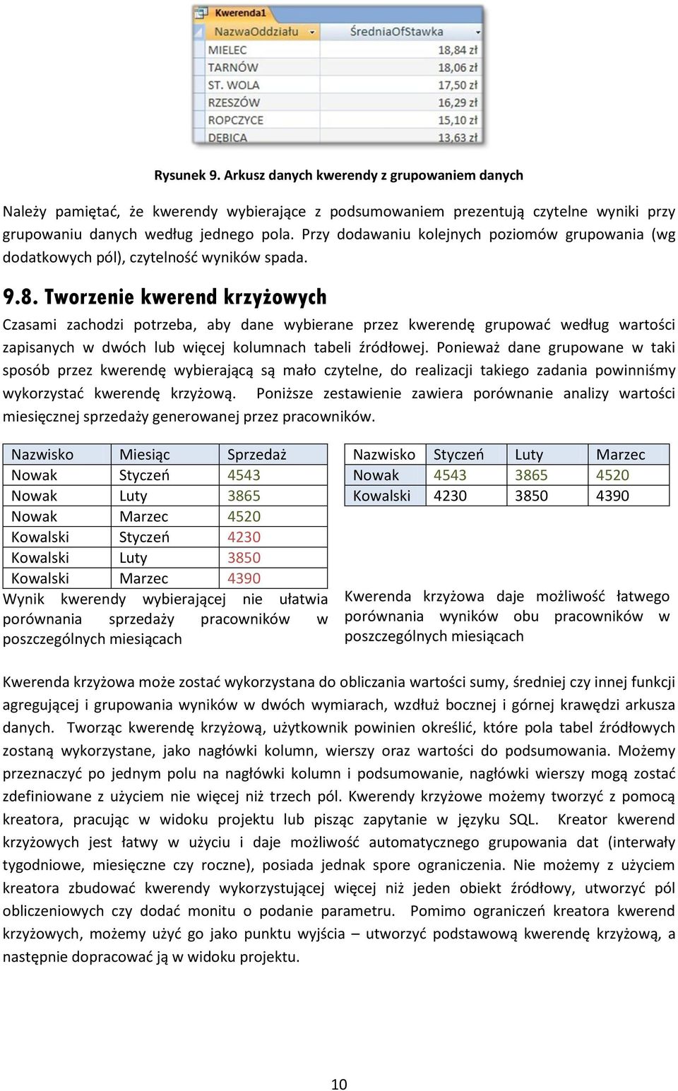 Tworzenie kwerend krzyżowych Czasami zachodzi potrzeba, aby dane wybierane przez kwerendę grupowad według wartości zapisanych w dwóch lub więcej kolumnach tabeli źródłowej.