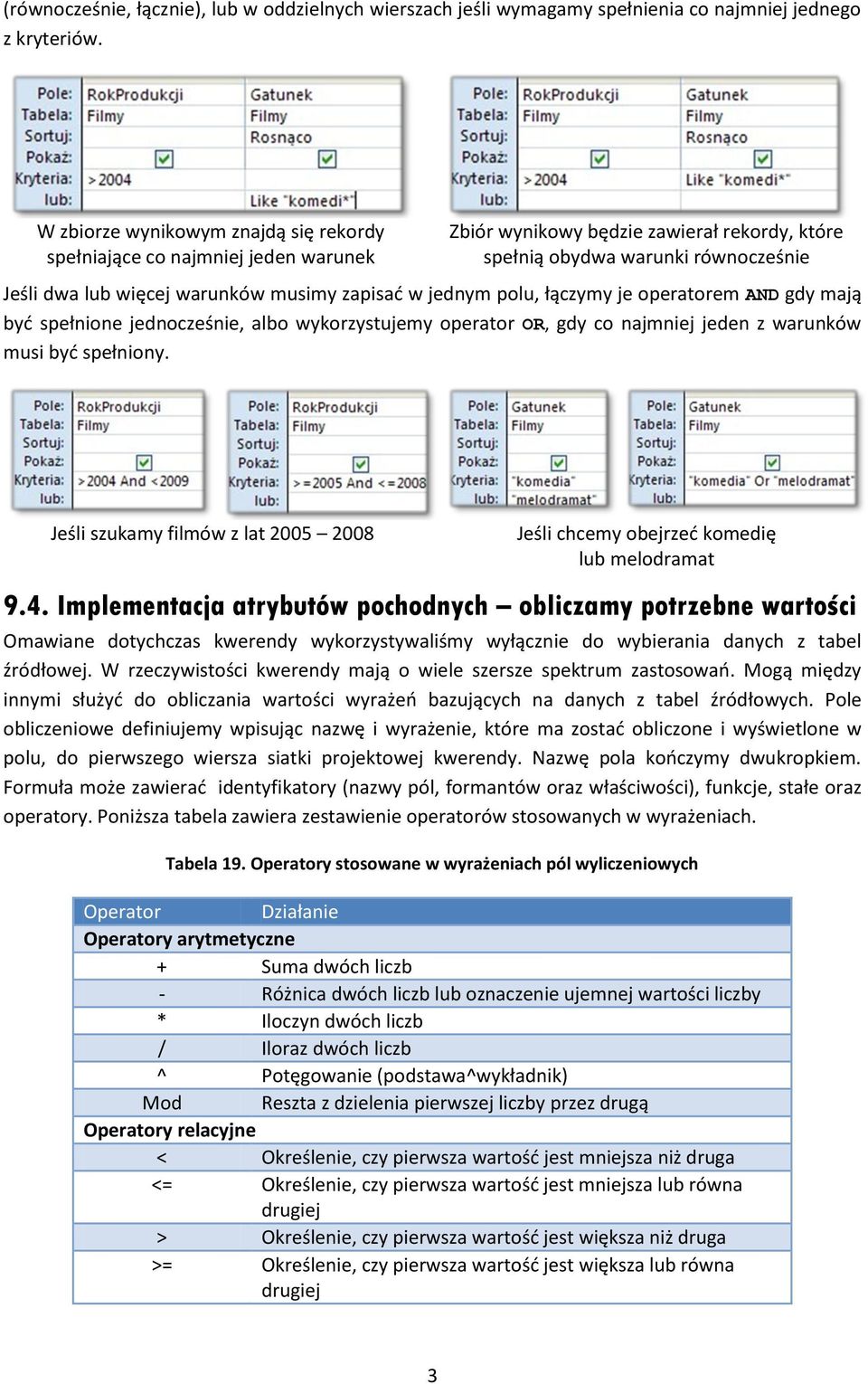 zapisad w jednym polu, łączymy je operatorem AND gdy mają byd spełnione jednocześnie, albo wykorzystujemy operator OR, gdy co najmniej jeden z warunków musi byd spełniony.