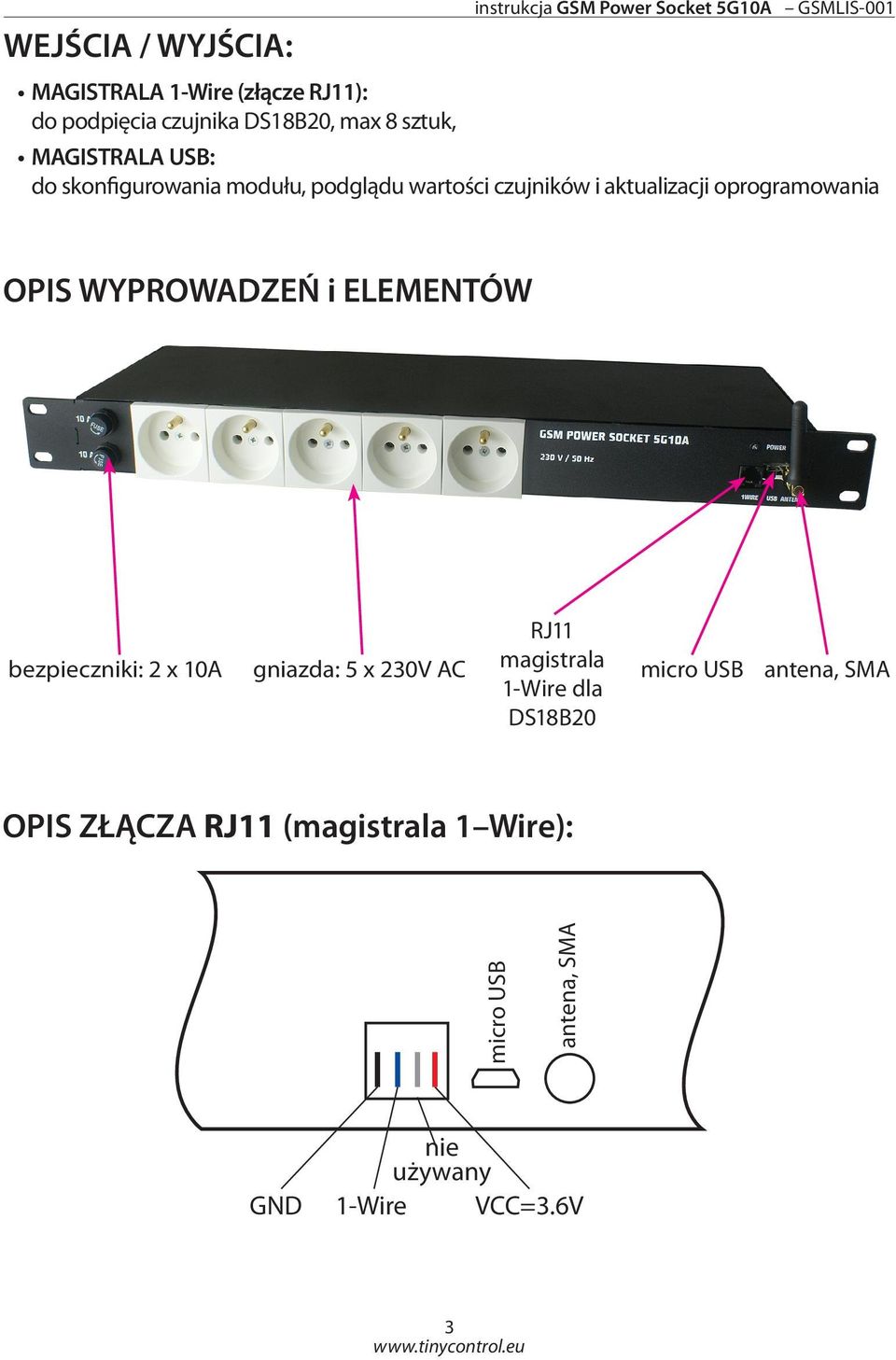 oprogramowania OPIS WYPROWADZEŃ i ELEMENTÓW bezpieczniki: 2 x 10A gniazda: 5 x 230V AC RJ11 magistrala 1-Wire dla