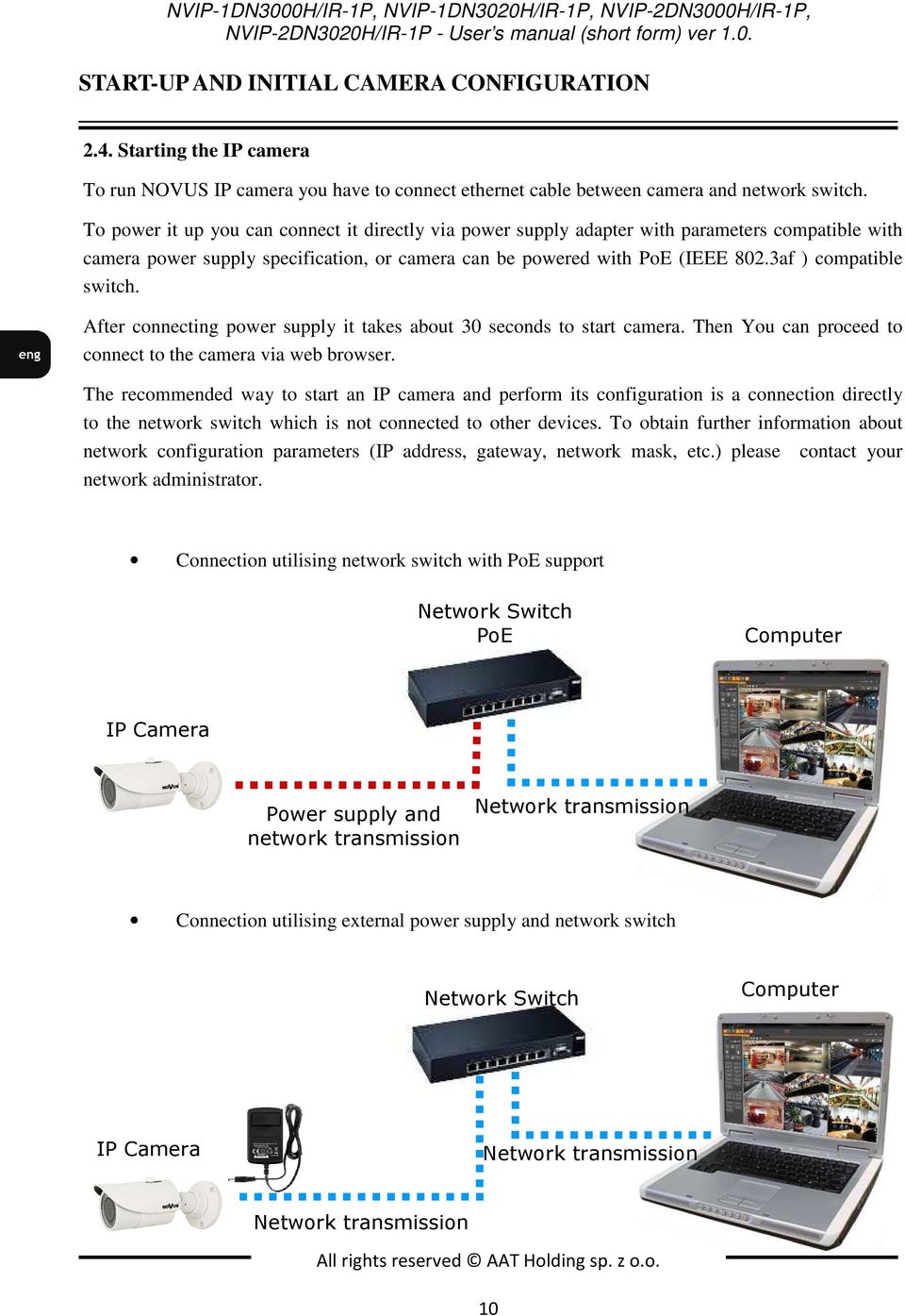 To power it up you can connect it directly via power supply adapter with parameters compatible with camera power supply specification, or camera can be powered with PoE (IEEE 802.