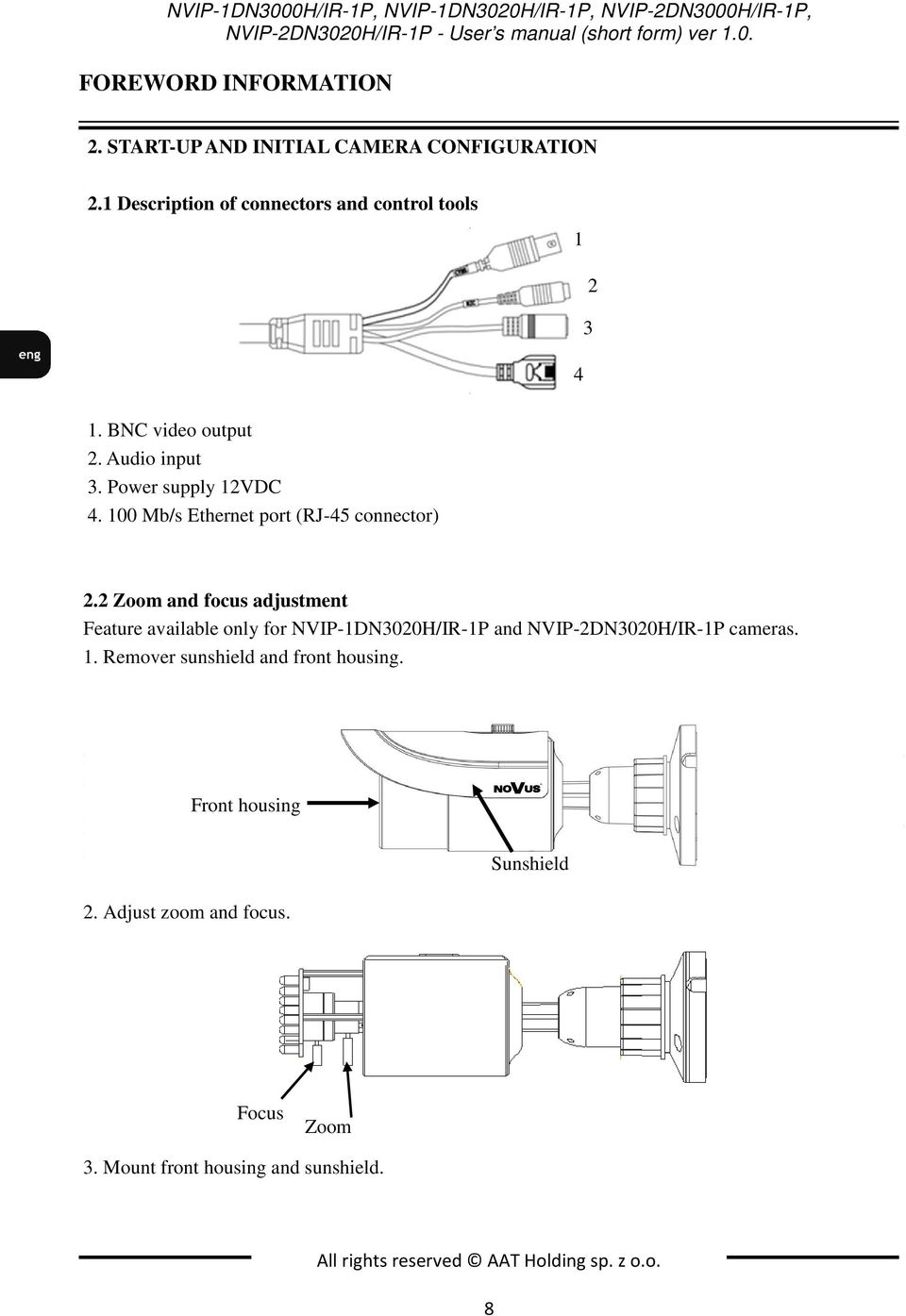 1 Description of connectors and control tools IP camera 230 VAC / 12 VDC power supply Accessories bag Short version of user s manual 1. BNC CD video containing output manual and software 2.