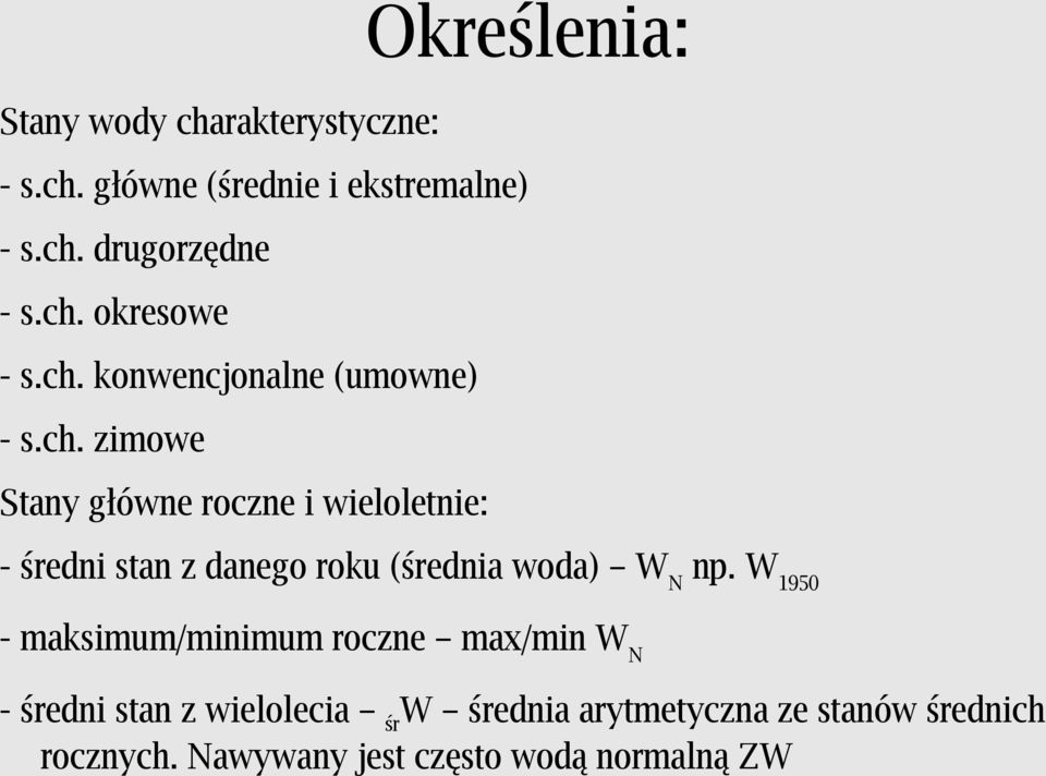 W1950 - maksimum/minimum roczne max/min WN - średni stan z wielolecia śrw średnia arytmetyczna ze