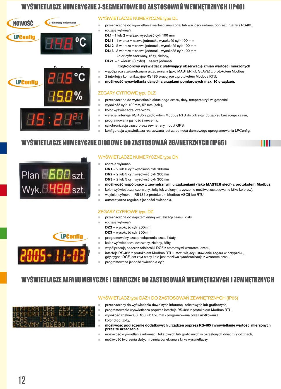 jednostki, wysokość cyfr 100 mm kolor cyfr: czerwony, żółty, zielony, DL21 1 wiersz (3 cyfry) + nazwa jednostki trójkolorowy wyświetlacz ułatwiający obserwację zmian wartości mierzonych współpraca z