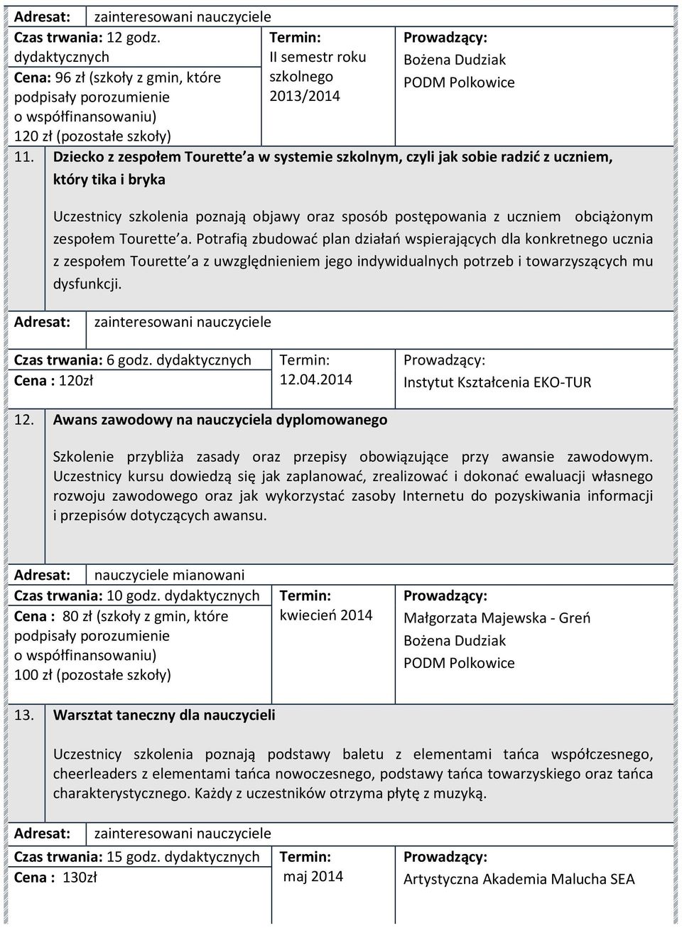 Tourette a. Potrafią zbudować plan działań wspierających dla konkretnego ucznia z zespołem Tourette a z uwzględnieniem jego indywidualnych potrzeb i towarzyszących mu dysfunkcji. 6 godz.