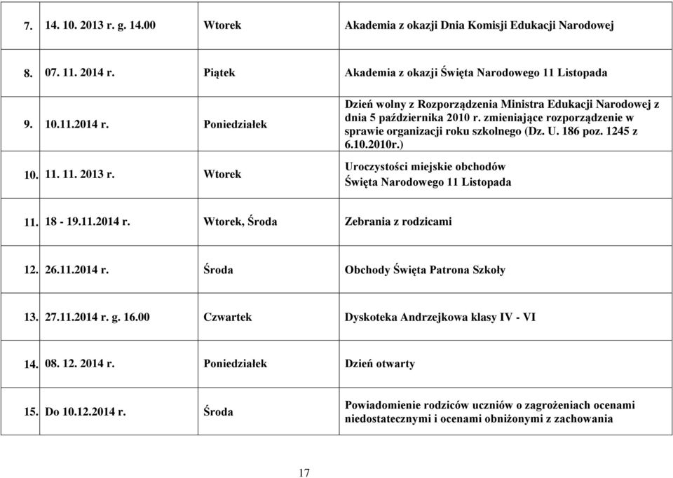 Wtorek, Środa Zebrania z rodzicami 12. 26.11.2014 r. Środa Obchody Święta Patrona Szkoły 13. 27.11.2014 r. g. 16.00 Czwartek Dyskoteka Andrzejkowa klasy IV - VI 14. 08. 12. 2014 r.