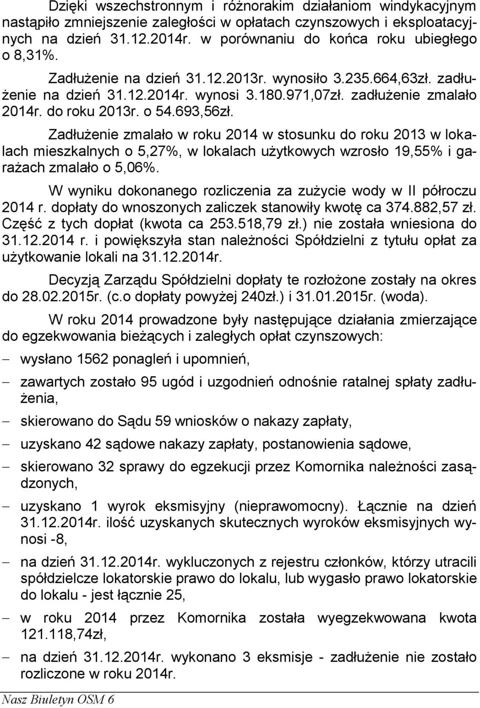 o 54.693,56zł. Zadłużenie zmalało w roku 2014 w stosunku do roku 2013 w lokalach mieszkalnych o 5,27%, w lokalach użytkowych wzrosło 19,55% i garażach zmalało o 5,06%.