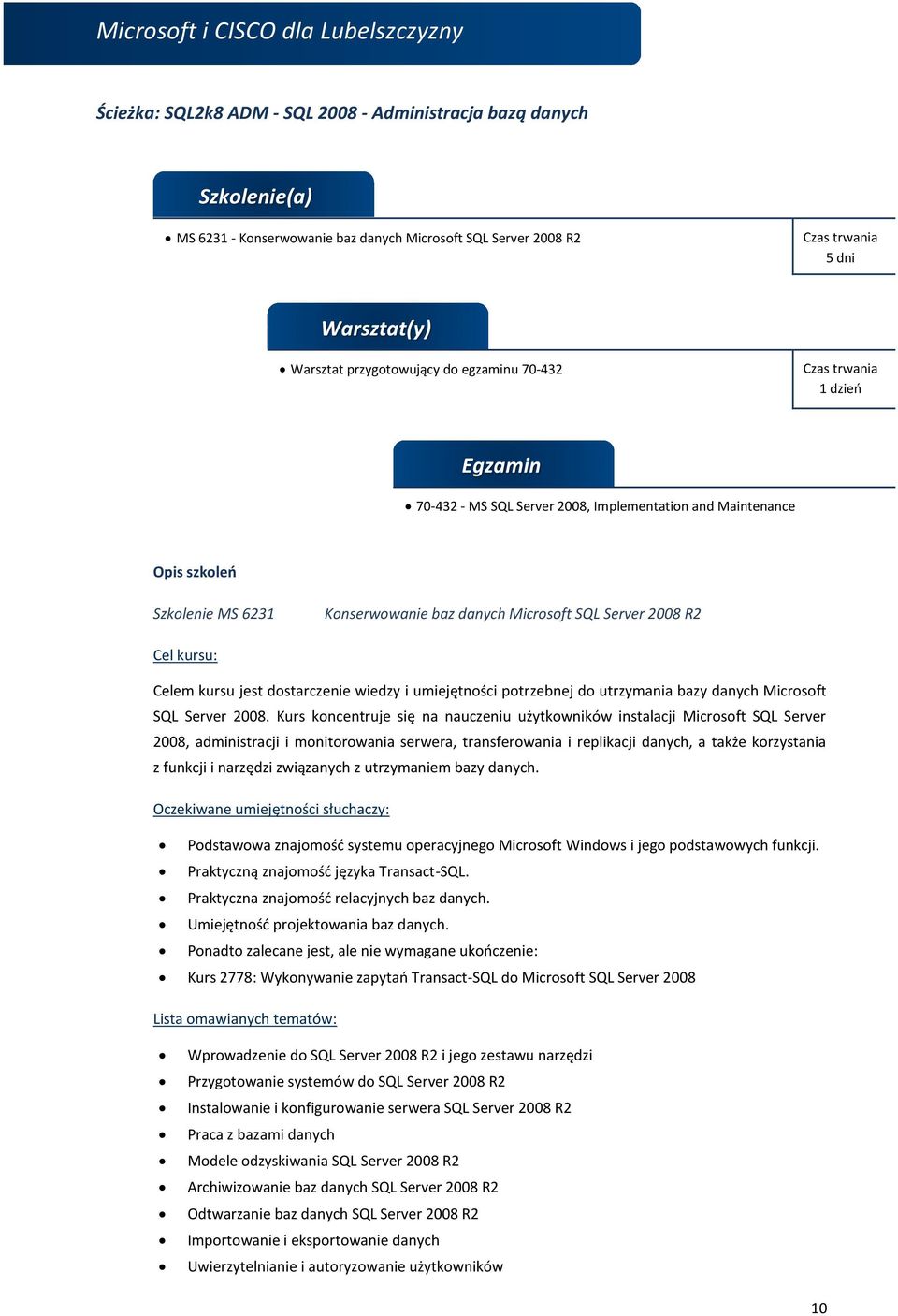 wiedzy i umiejętności potrzebnej do utrzymania bazy danych Microsoft SQL Server 2008.