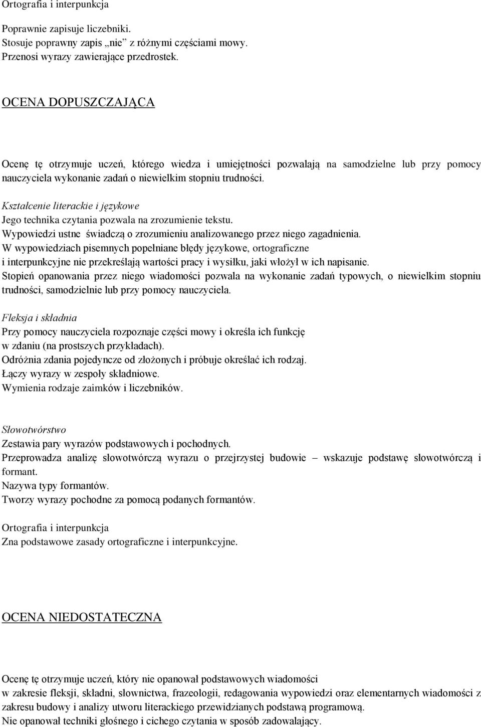 Jego technika czytania pozwala na zrozumienie tekstu. Wypowiedzi ustne świadczą o zrozumieniu analizowanego przez niego zagadnienia.