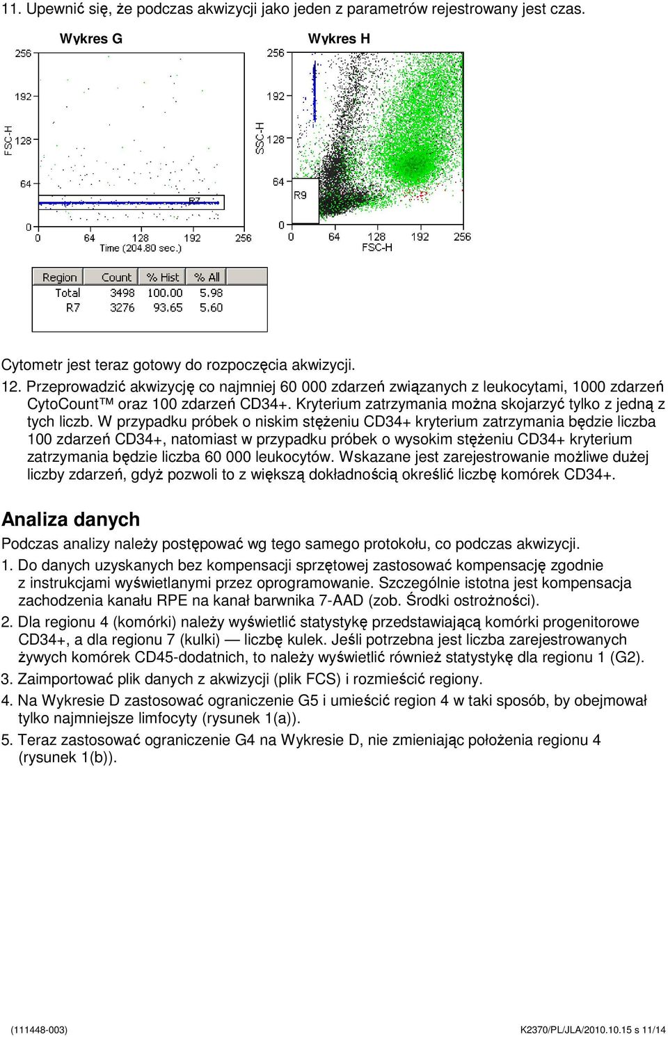 W przypadku próbek o niskim stęŝeniu CD34+ kryterium zatrzymania będzie liczba 100 zdarzeń CD34+, natomiast w przypadku próbek o wysokim stęŝeniu CD34+ kryterium zatrzymania będzie liczba 60 000