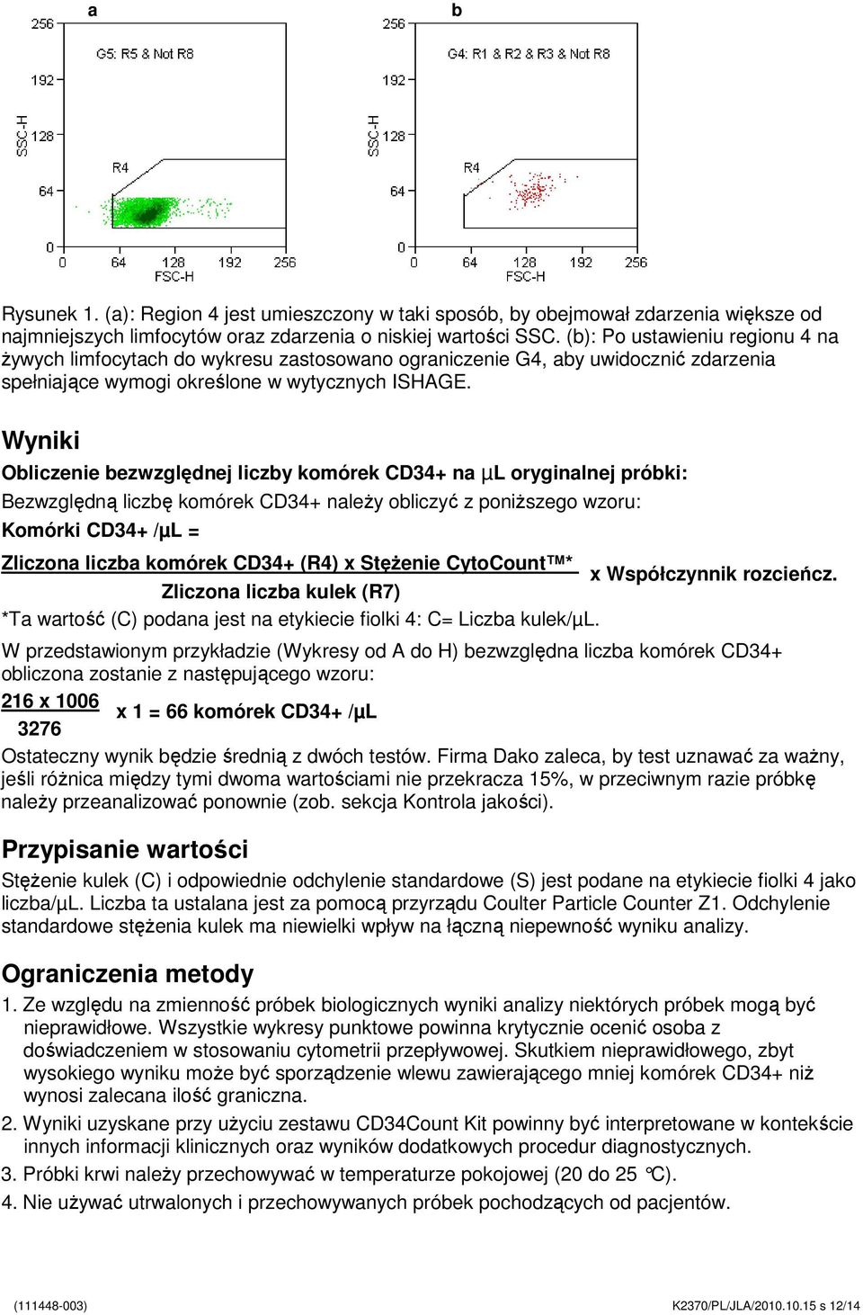 Wyniki Obliczenie bezwzględnej liczby komórek CD34+ na µl oryginalnej próbki: Bezwzględną liczbę komórek CD34+ naleŝy obliczyć z poniŝszego wzoru: Komórki CD34+ /µl = Zliczona liczba komórek CD34+