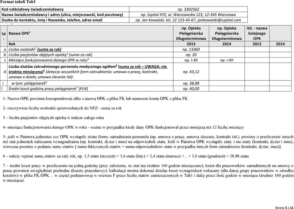 Opieka Pielęgniarska Długoterminowa np. Opieka Pielęgniarska Długoterminowa itd. - nazwa kolejnego OPK Rok 2013 2014 2013 2014 a Liczba osobodn 2 (suma za rok) np.